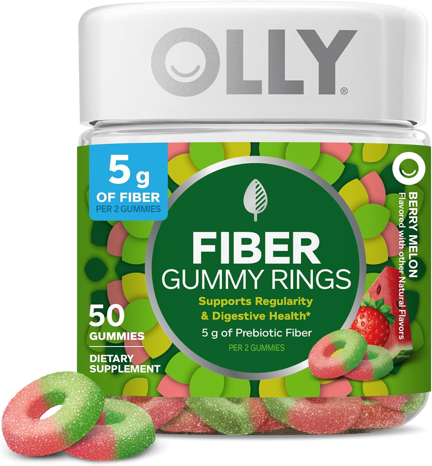 Olly, Fiber Gummy Rings, 5g Fos Prebiotic Fiber, Digestive Health Supplement,* Strawberry Watermelon Flavored, 25 Day Supply,