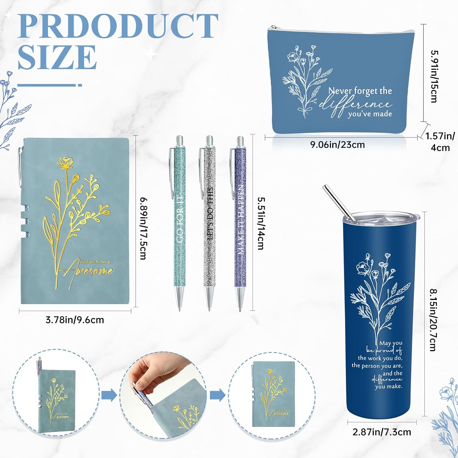 6 Pcs Employee Appreciation Gift Thank You May You Be Proud 20 oz Boho Flower Tumbler Makeup Bag A6 Leather Journal Ballpoint Pens Office Christmas Appreciation Coworkers Boss Gifts (Blue) - Image 2