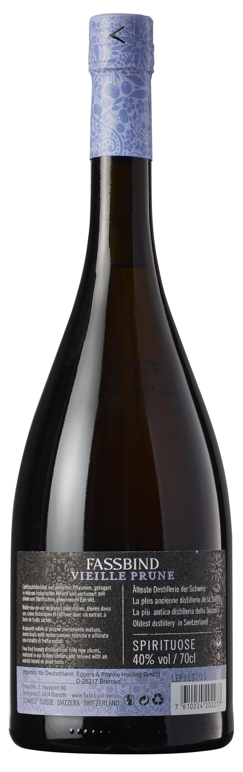 Fassbind Vieille Prune (1 x 0.7 l) - Edler Schweizer Obstbrand aus vollreifen Pflaumen mit 40% vol. Alkohol