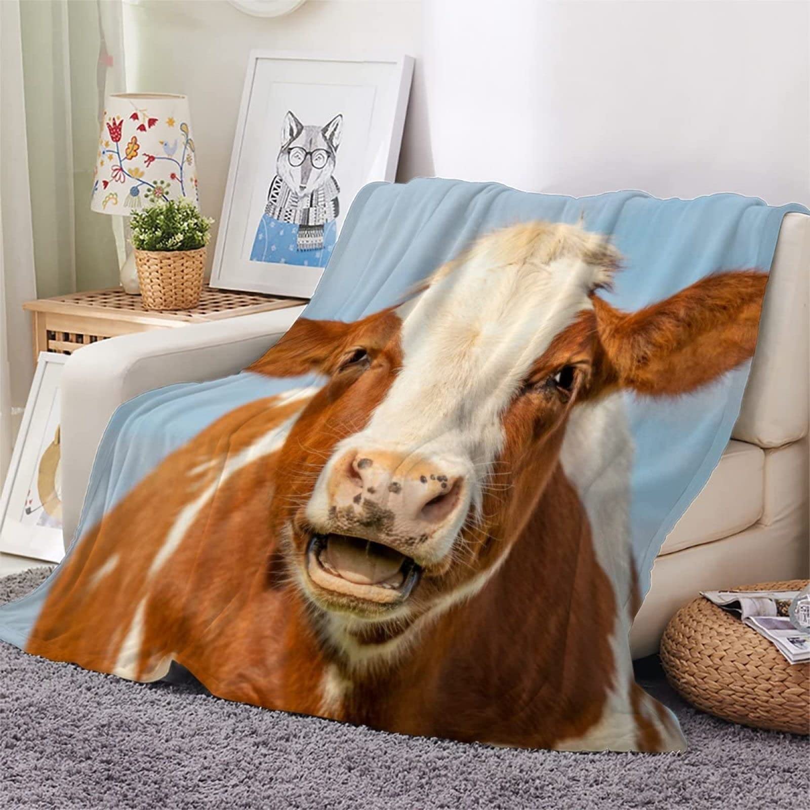 Coperta in pile di peluche di mucca, 3D animali in flanella, per divano, bambini, animali della fattoria, per tutte le stagioni, coperta da letto, traspirante, girasole, botanico, 90 x 100 cm