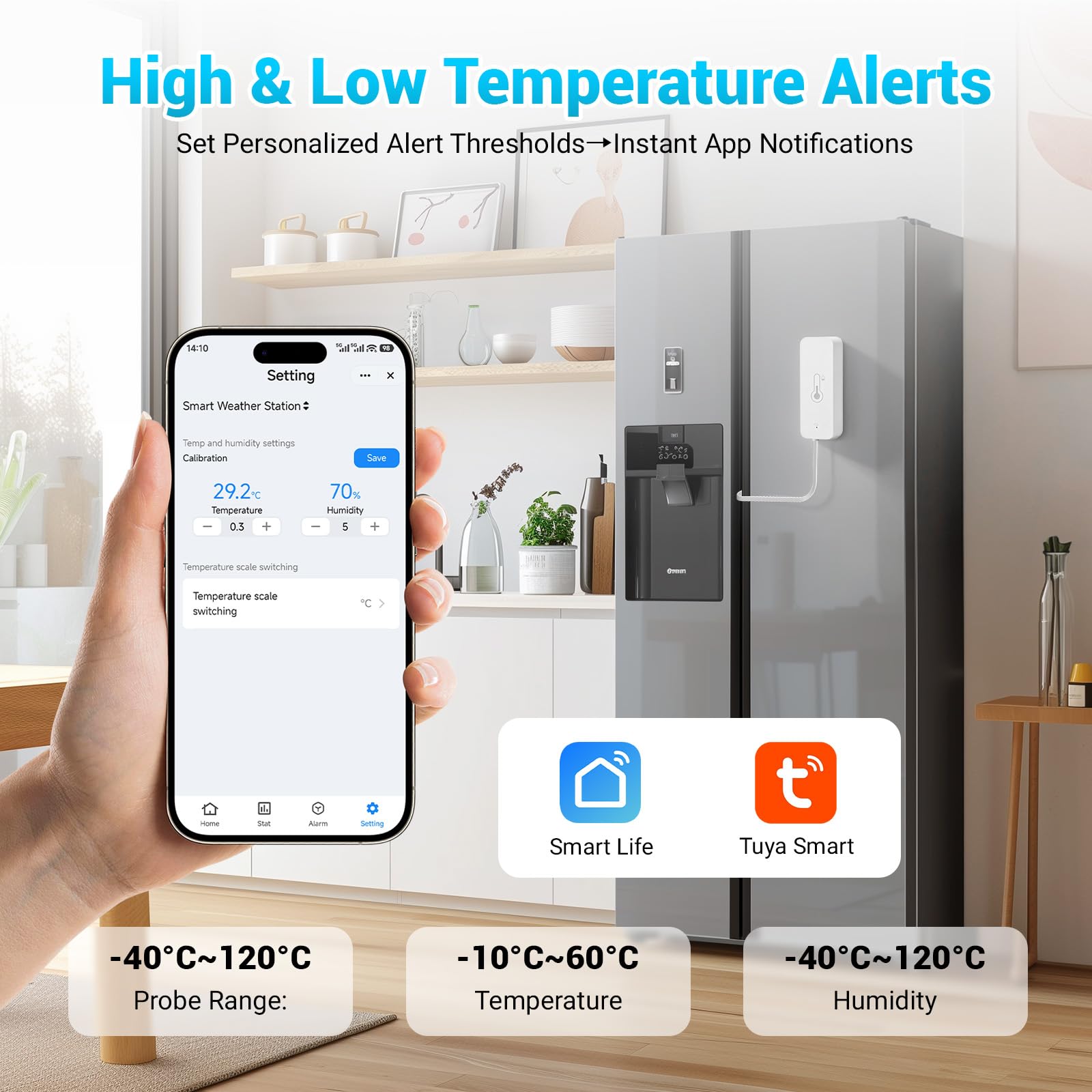 4 termometro igrometro Wi-Fi con sonda, termometro intelligente per frigorifero con app Tuya/Smart Life, termometro WiFi per interni ed esterni (℉/℃) per frigorifero, congelatore, acquario, serra