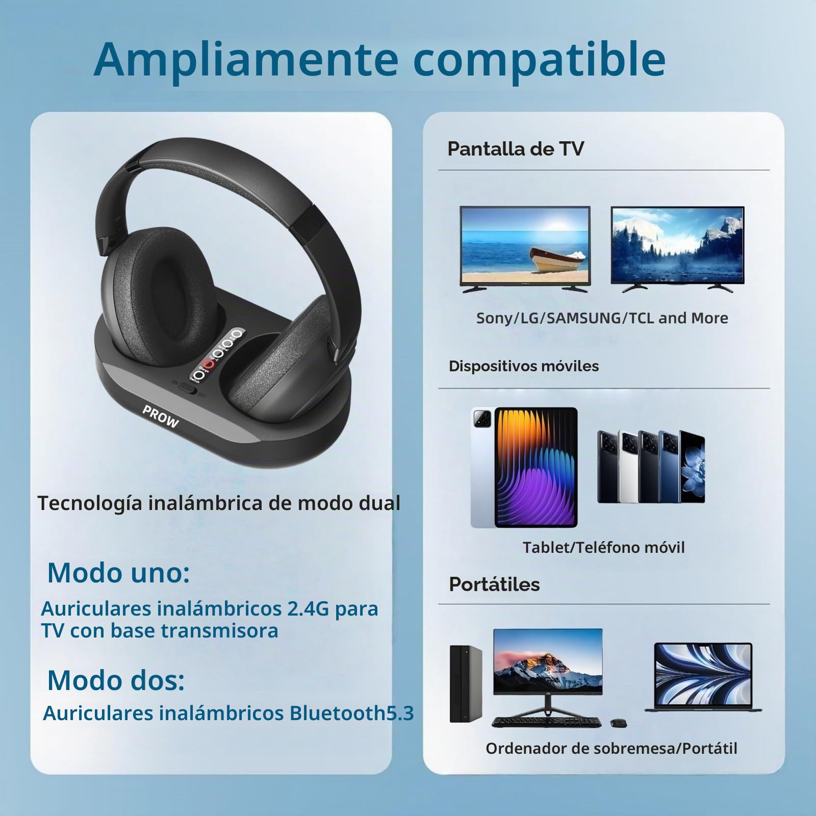 Auriculares Inalámbricos para TV, 2.4G y Bluetooth 5.3 Modo Dual Auriculares TV para Ancianos, Sin Retraso de Sincronización Labial, Aptos para Ancianos con Base Transmisión, Soporte Óptico/USB/RCA/BT