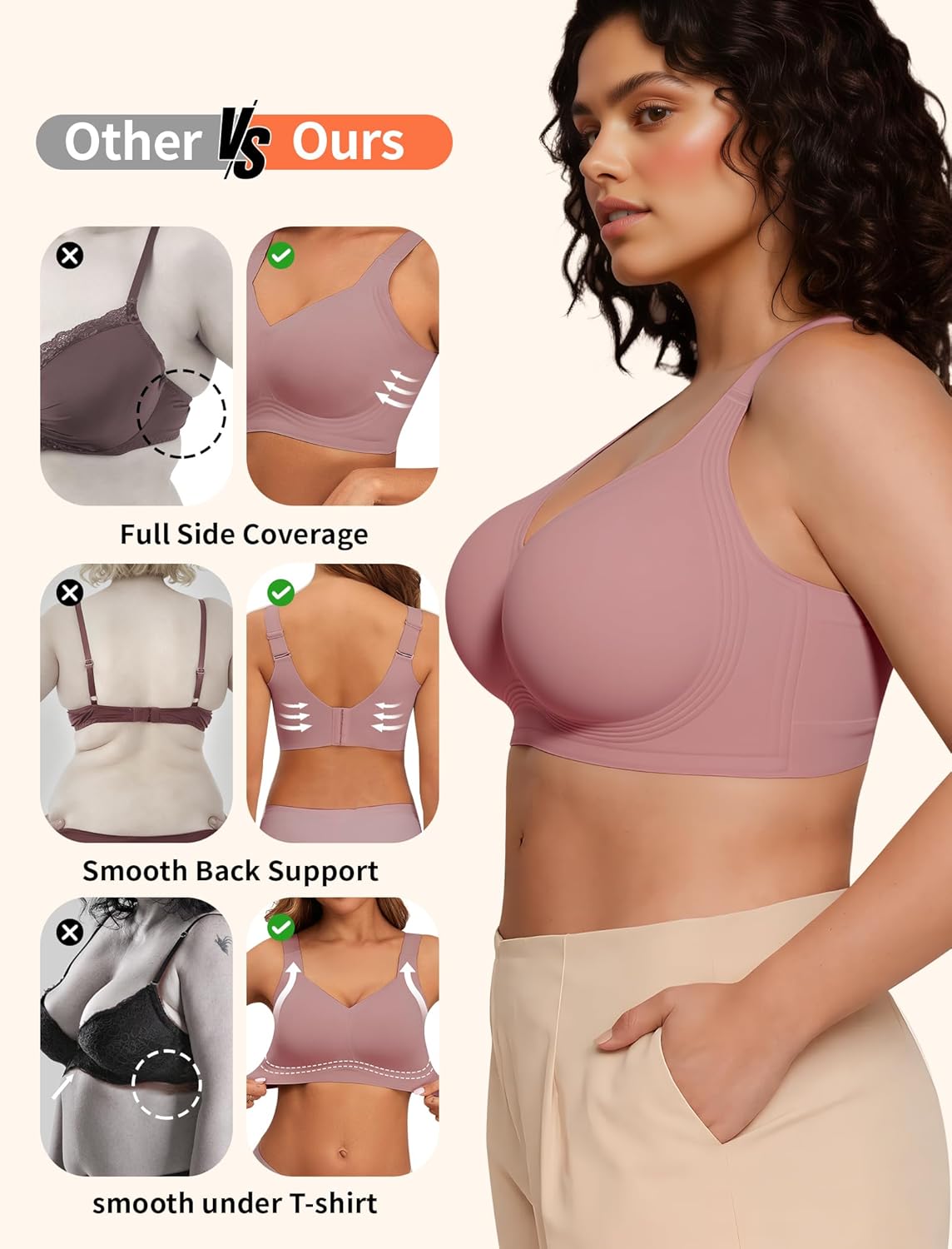 PoseFree Womens Seamless Wireless Supportive Bra Push Up Comfort Soft No Underwire Full Coverage T-Shirt Bra - Image 4