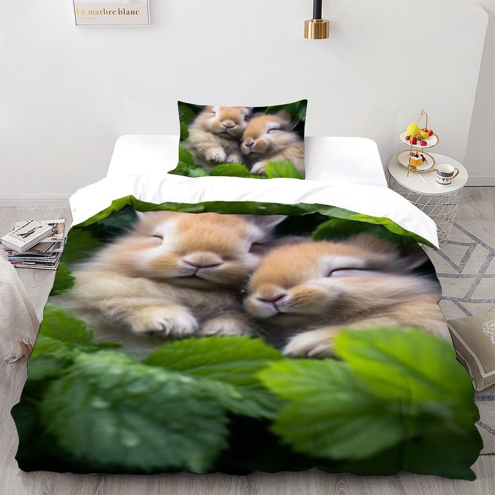 Housse de couette single 135x200cm microfibre thermorégulatrice motif lapin 3D