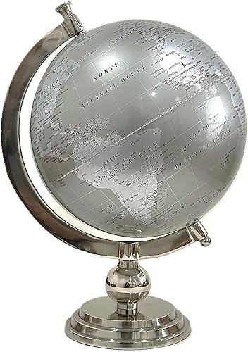 Globo de mundo de aluminio gris plateado, globo giratorio decorativo de 18 pulgadas de alto con pedestal cromado y remate, acento moderno de