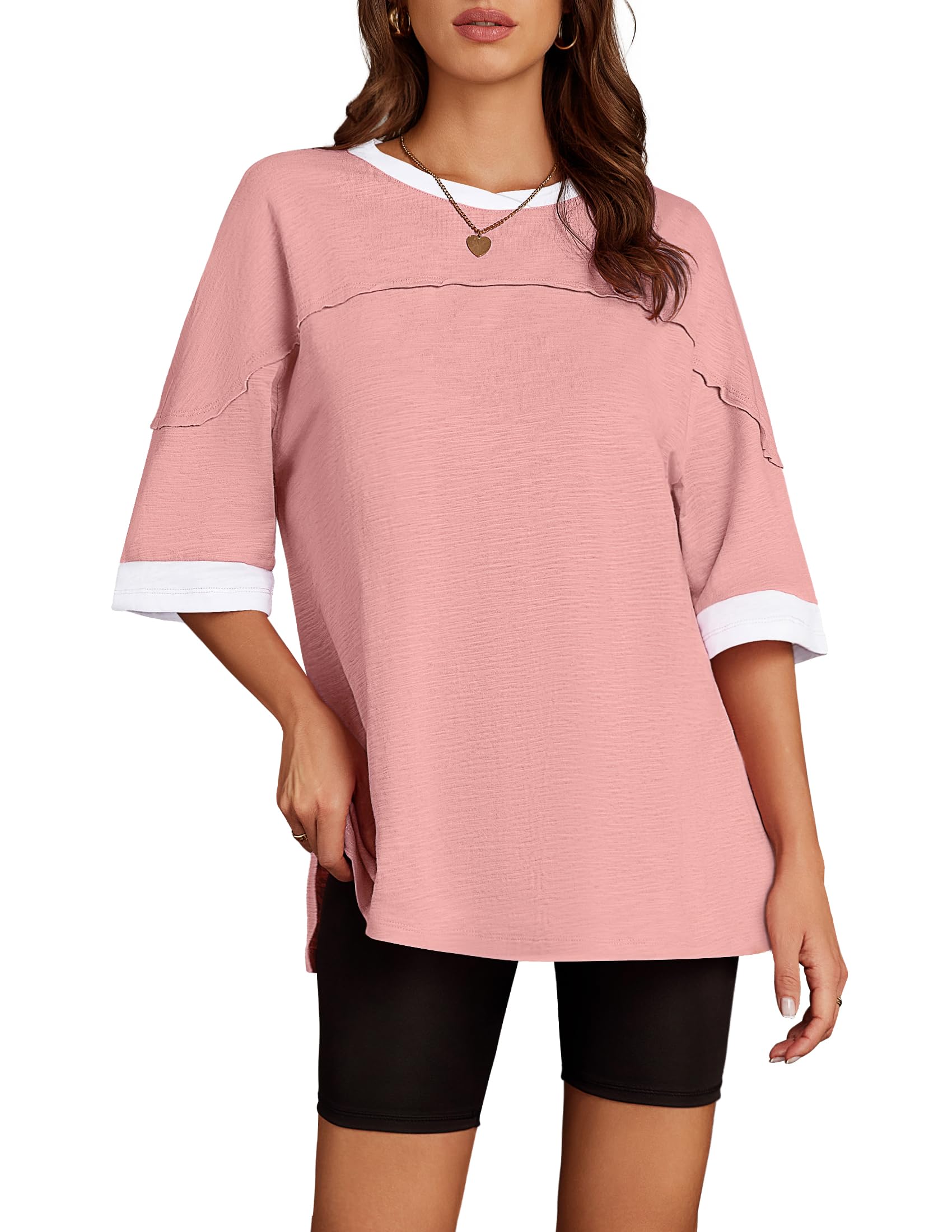 NENONA Women's Summer Casual Short Sleeve T Shirts Oversized Color Block Tunic Tops Tee