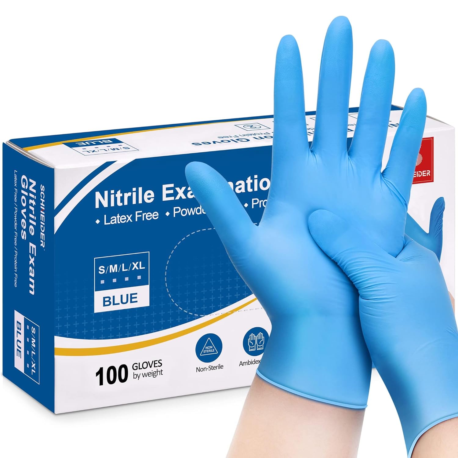 Schneider Nitrile Exam Gloves Blue 4 mil Powder-Free Latex-Free for Medical Exam Cleaning and Food Prep Non-Sterile