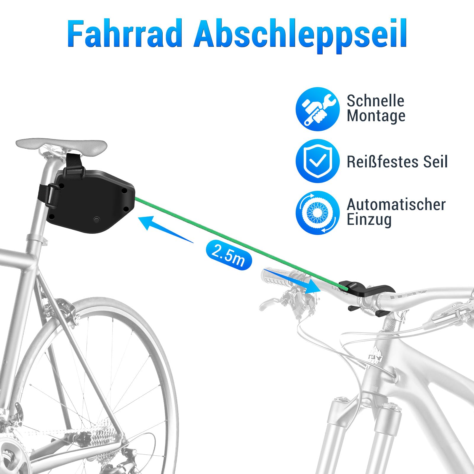 Kinder Fahrrad Abschleppseil, Abschleppseil Fahrrad, 2.5M, für Alle Fahrradstangen, Fahrrad Seilzug Zugseil, Zuglast bis 120 kg, MTB & Pannenhilfe,Follow me