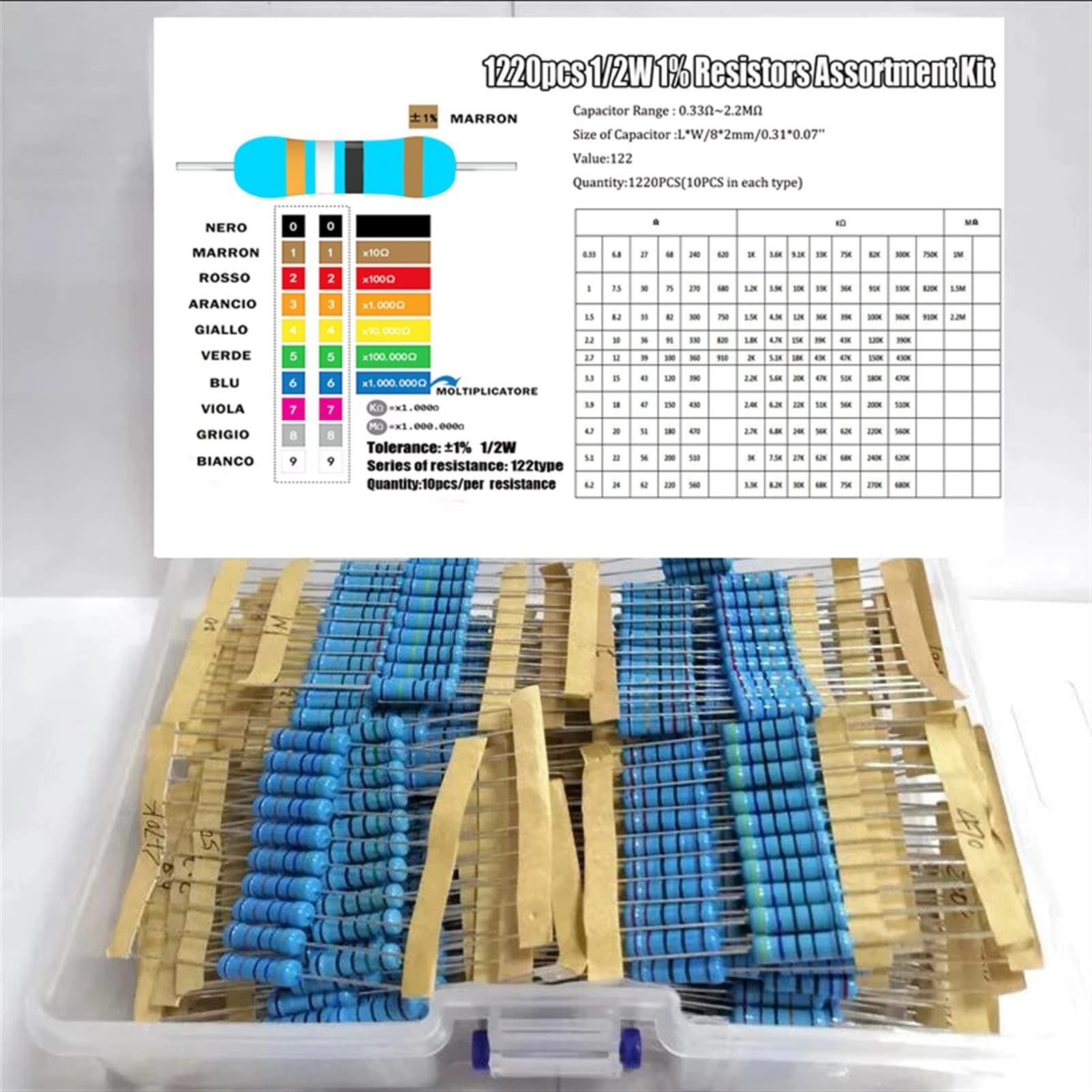 1220 piezas 1/2 W 1 por ciento 122 valores 0,33 R-2,2 M ohm 0,5 W resistencias de película metálica Kit surtido