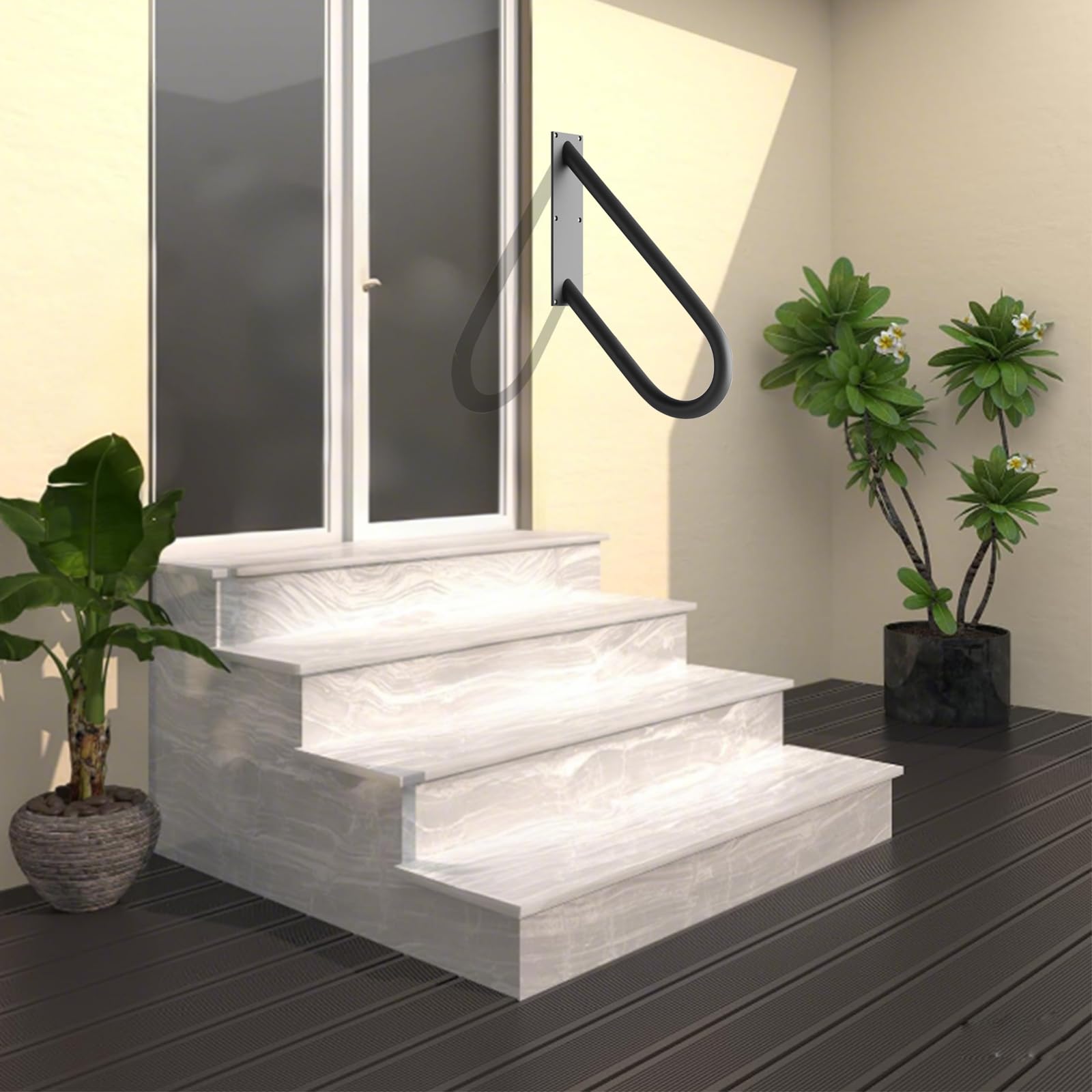 Pasamanos para escalones exteriores montaje en pared, barandillas para 1-2 peldaños, pasamanos en forma de U con acabado negro mate, pasamanos de escalera para garaje, porche, patio y jardín (45,7 cm