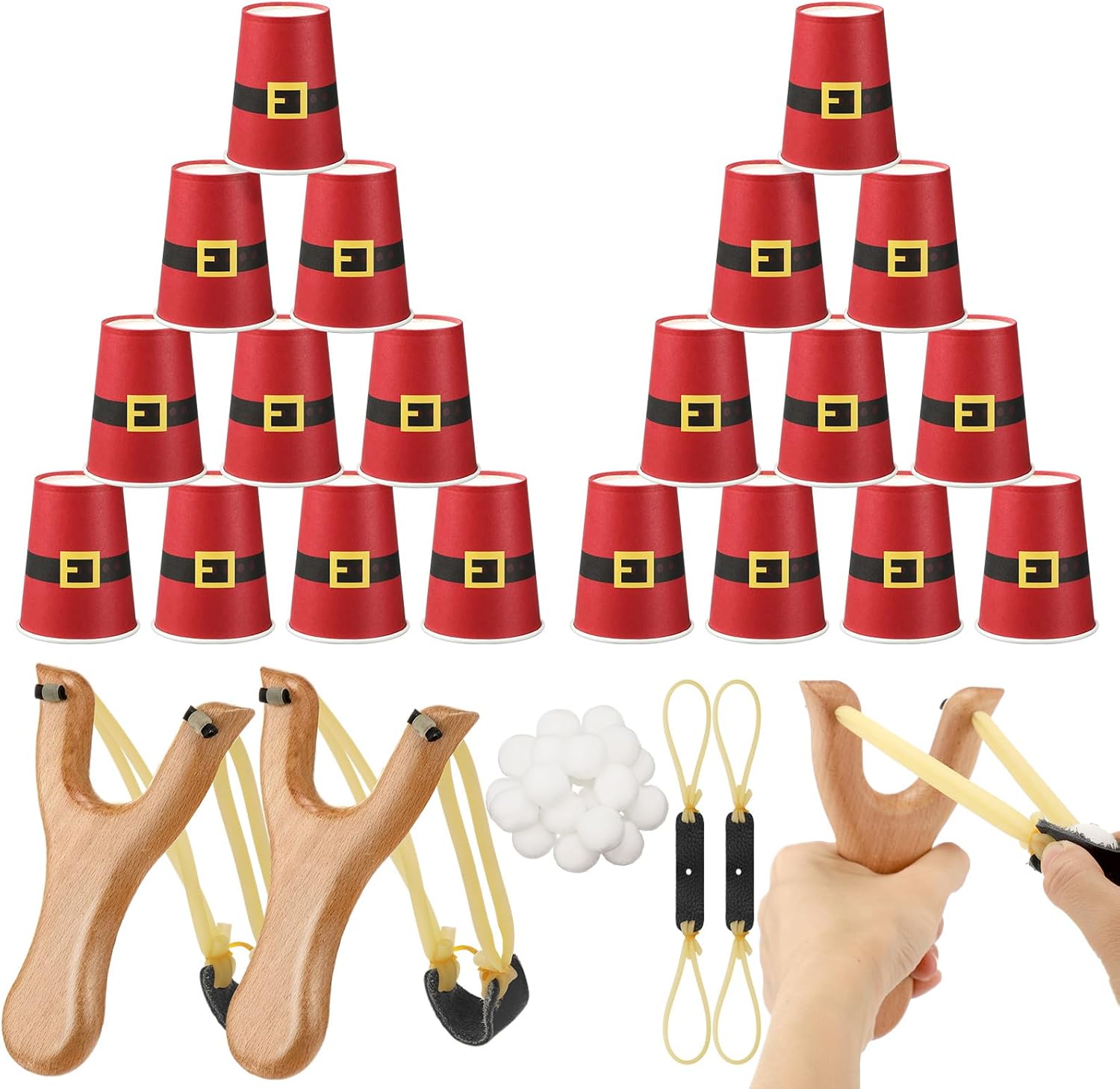 Leitee Christmas Games for Family Adults Christmas Party Game with 24 Santa Belt Stacking Cup 2 Wooden Slingshot 2 Spare Slingshot Rubber Band 20 Felt Fake Snowball for Toss Carnival Parties Group Fun