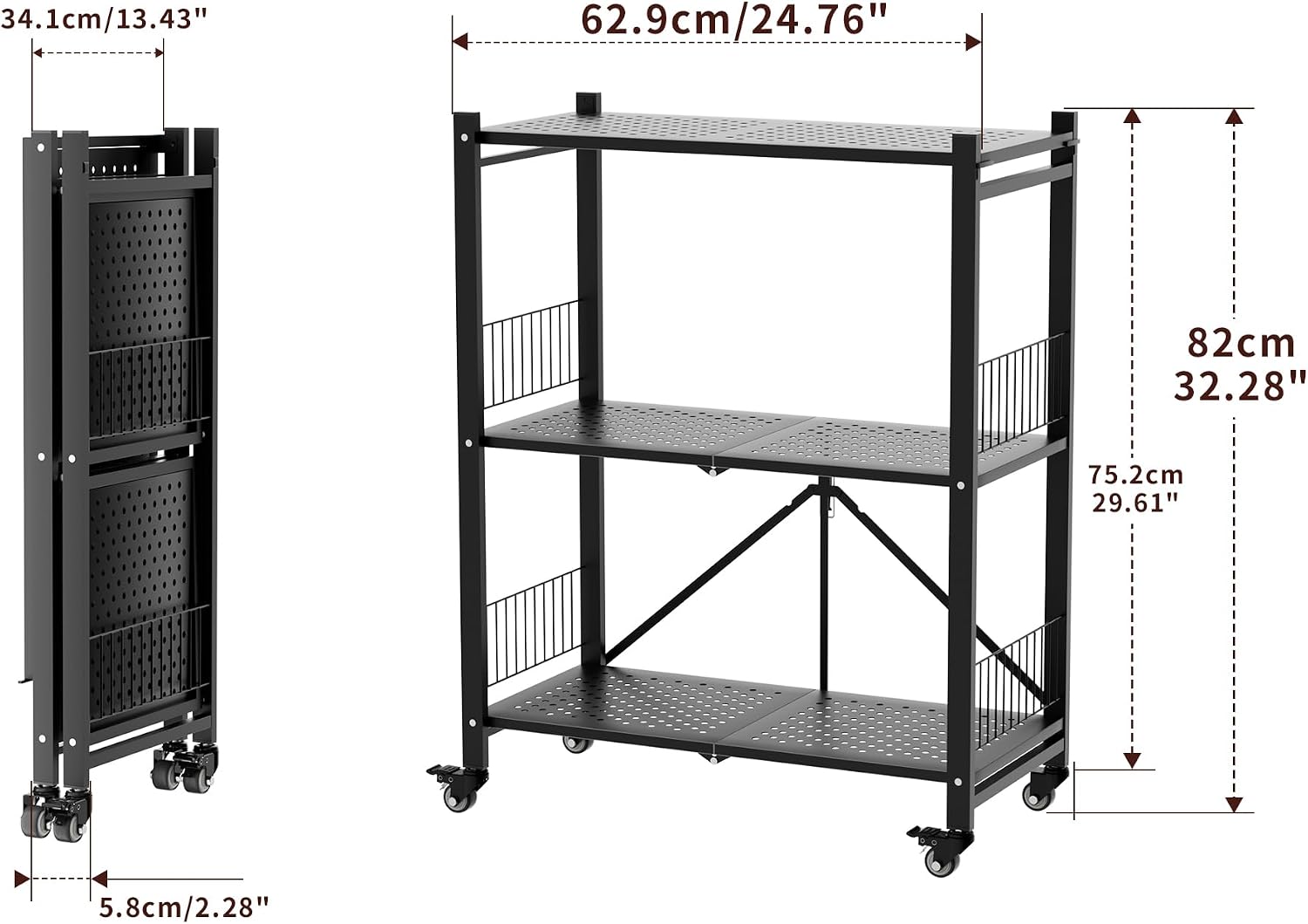Folding Storage Shelves No Assembly, 3 Tier Metal Foldable Shelves with Wheels, Collapsible Rolling Storage Rack for Laundry Room Garage Small Spaces, Black