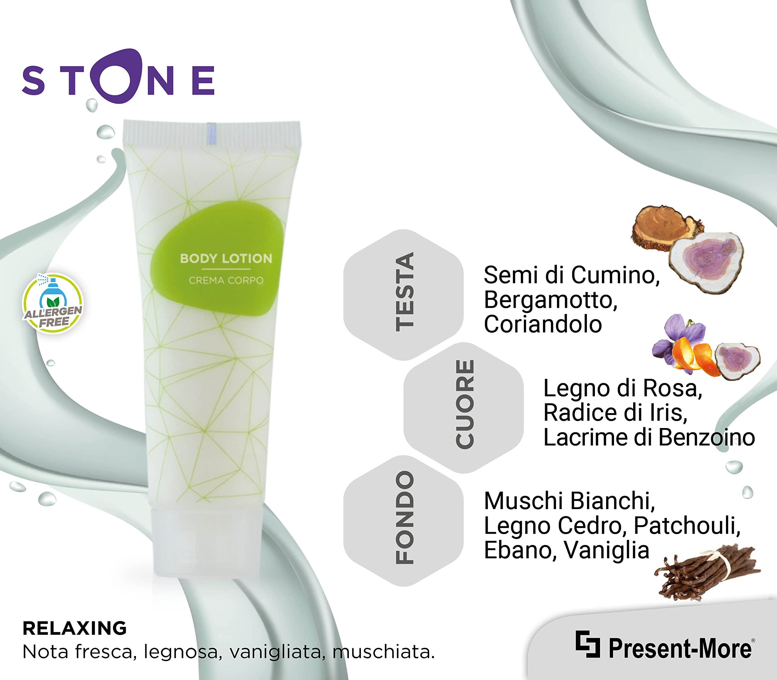 PRESENT-MORE - Mini Crema Corpo 30ml Stone - 250 Pezzi | Body Lotion Senza Allergeni - Fragranza Relaxing - Ideale per Hotel e B&B