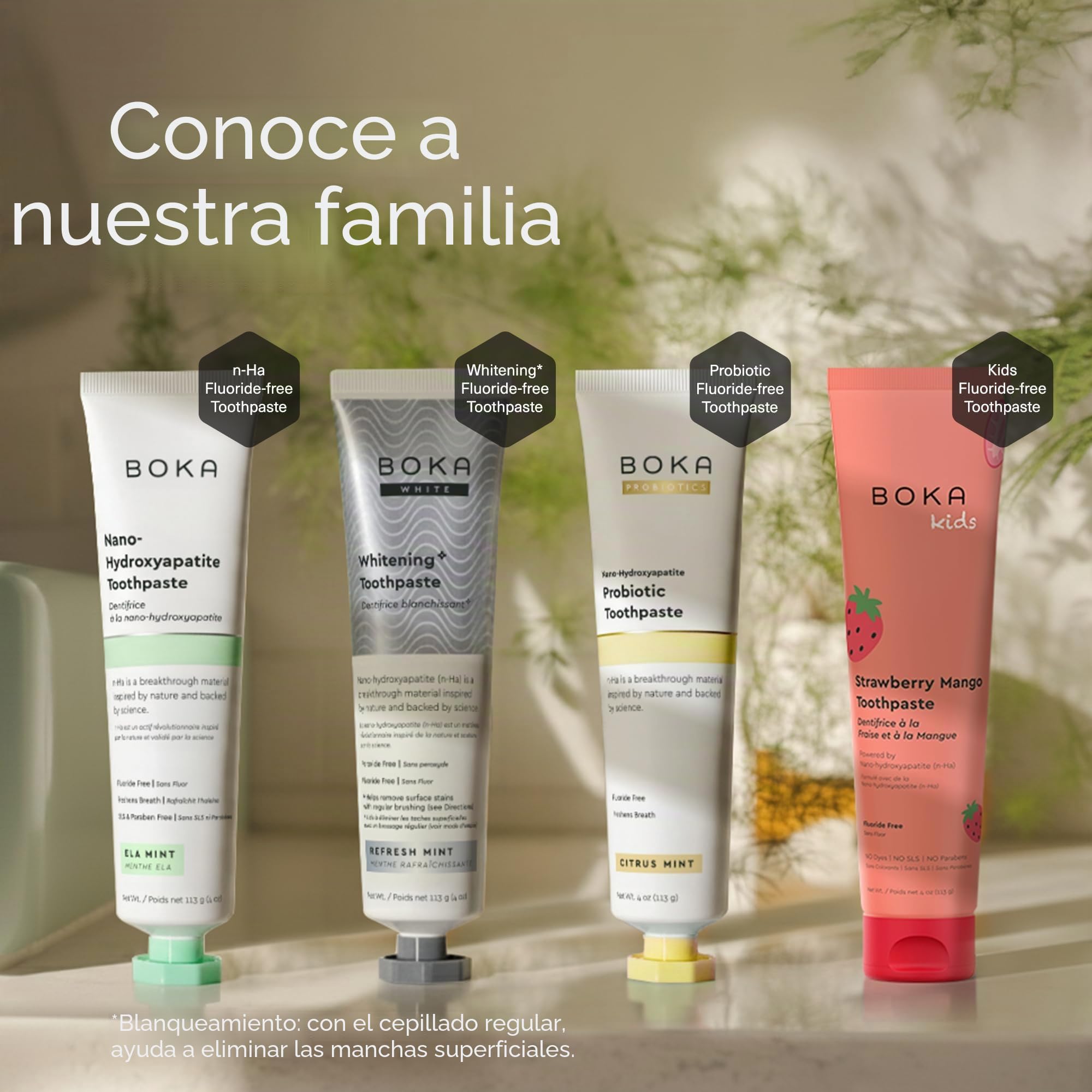 Boka Pasta de dientes Nano hidroxiapatita sin flúor, para adultos y niños, adecuada para dientes sensibles, sin sulfatos ni parabenos, sabores naturales y vegana, menta Ela suave (113 g), paquete de 3