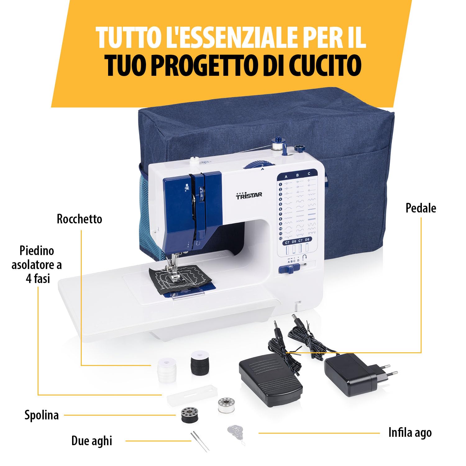 Tristar Macchina da Cucire con 38 Punti, Tavolo Estensibile, Braccio Libero, Luce LED, Infila-Ago Automatico, Tagliafilo, Controllo Velocità, Compatta e Facile, SM-6005