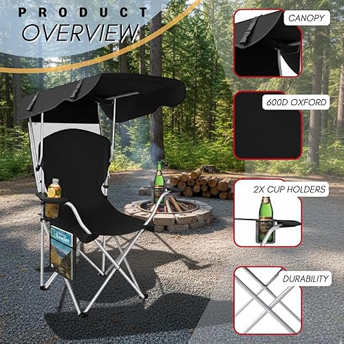 Miniatura 7 de Sillas de camping plegables portátiles con toldo y toldo para adultos, tela Oxford 600D duradera resistente a la intemperie, silla de camping con