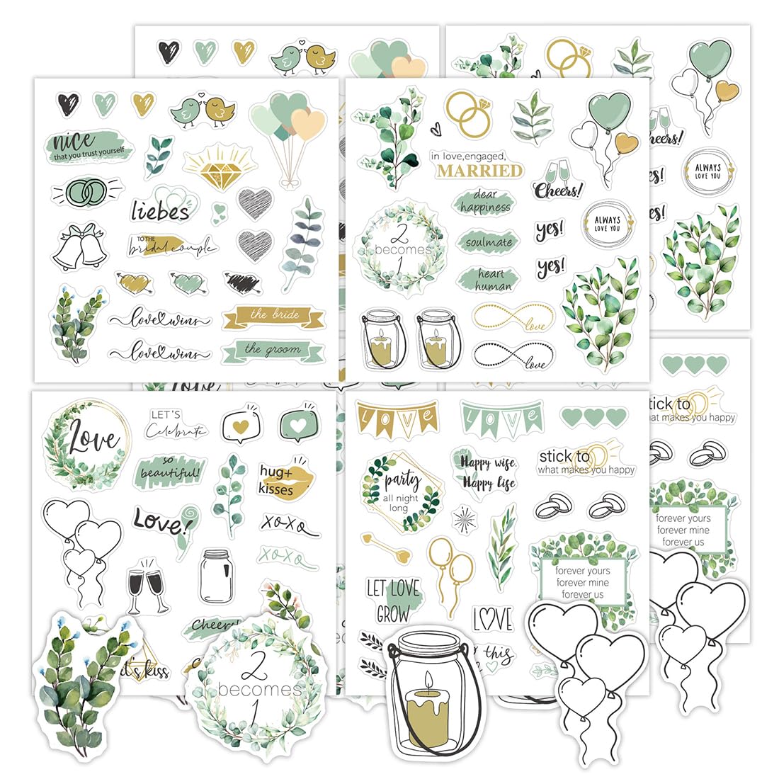 XBFOCNH Adesivi Per Matrimonio 8 Fogli | Disegnati A Mano Per Libro Ospiti, Album Foto - Adesivi Riposizionabili Opachi - Foto 7
