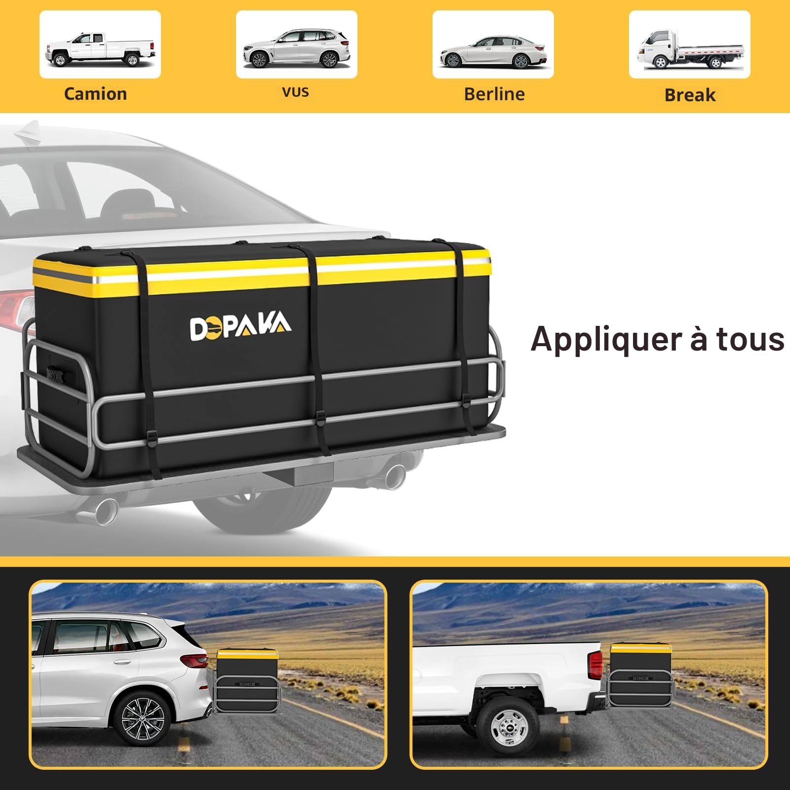 Coffre arrière étanche Sac de Transport pour attelage de remorque de Voiture-Sac à Bagages Extensible 18.2 Pieds Cubes 58.5" x 22" x 25"Sac de Transport pour l'attelage Comprend 6 Sangles renforcée