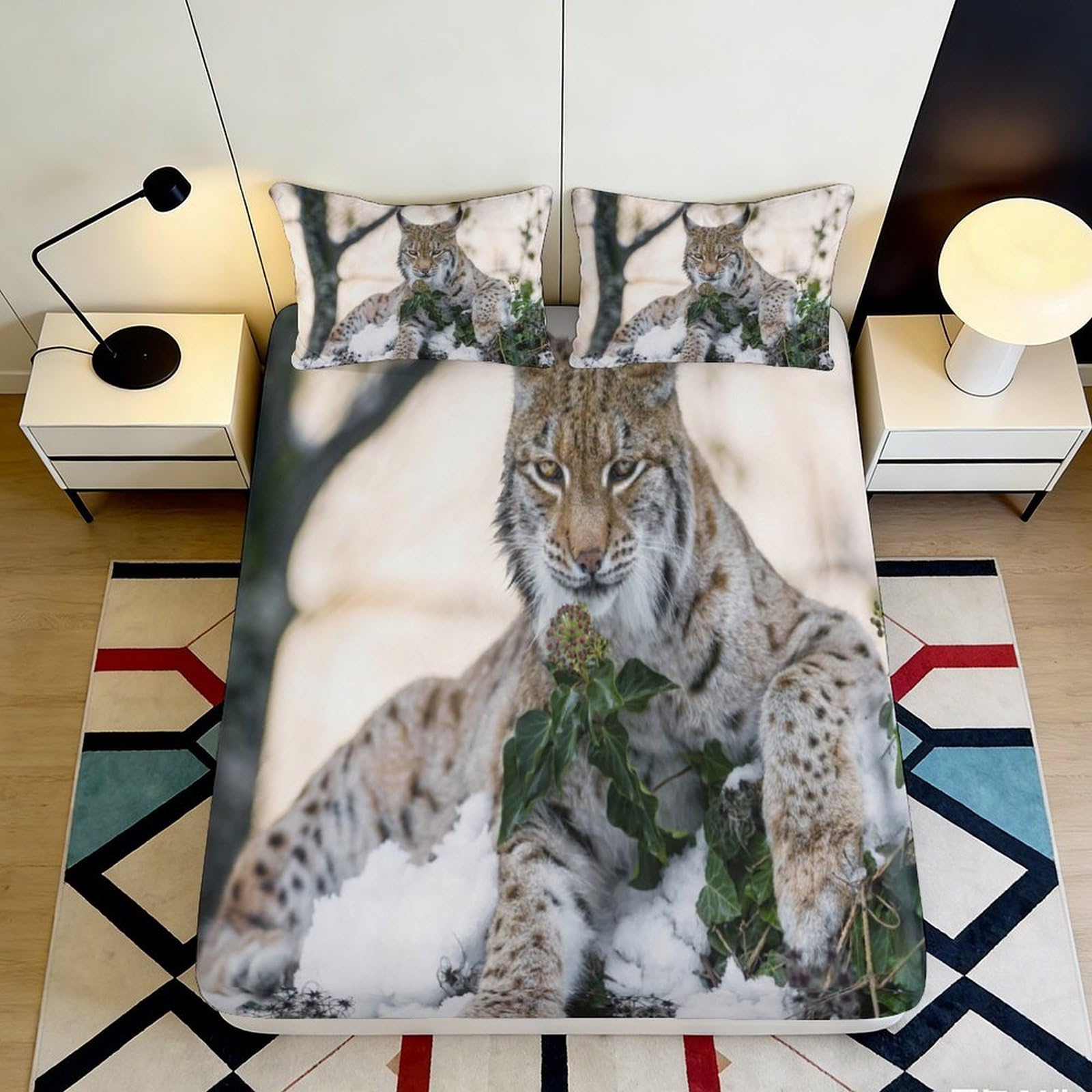 3D Printed Eurasian Lynx Fitted Sheet Microfiber Soft Breathable Snow Pattern Bed Cover for Bedroom Dormitory Guest Room Mattress Protection Decor 160x200x25cm