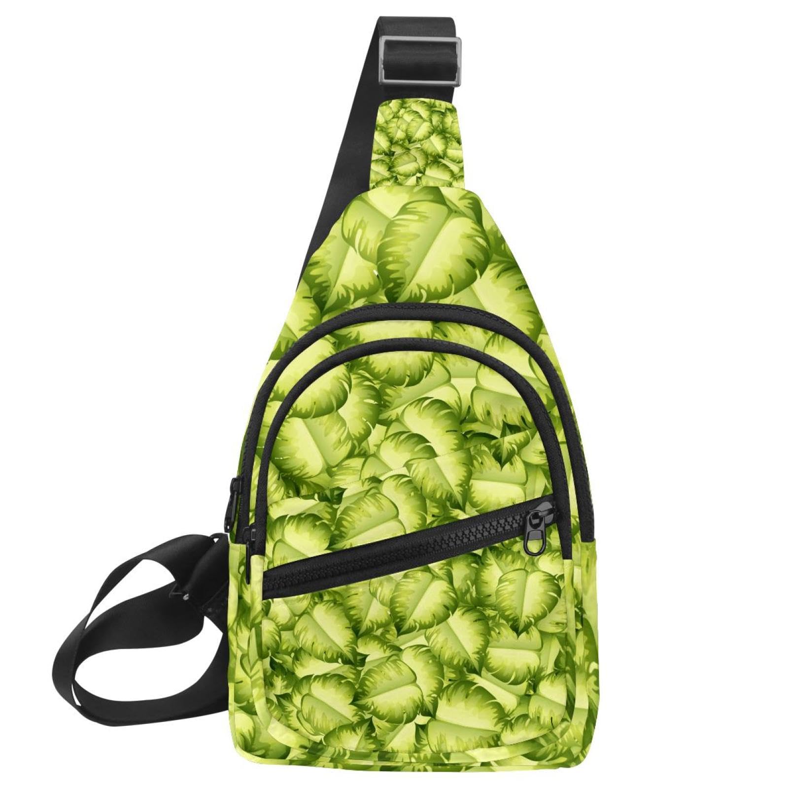Mochila bandolera tipo pecho con diseño de hojas verdes y tamaño compacto 7