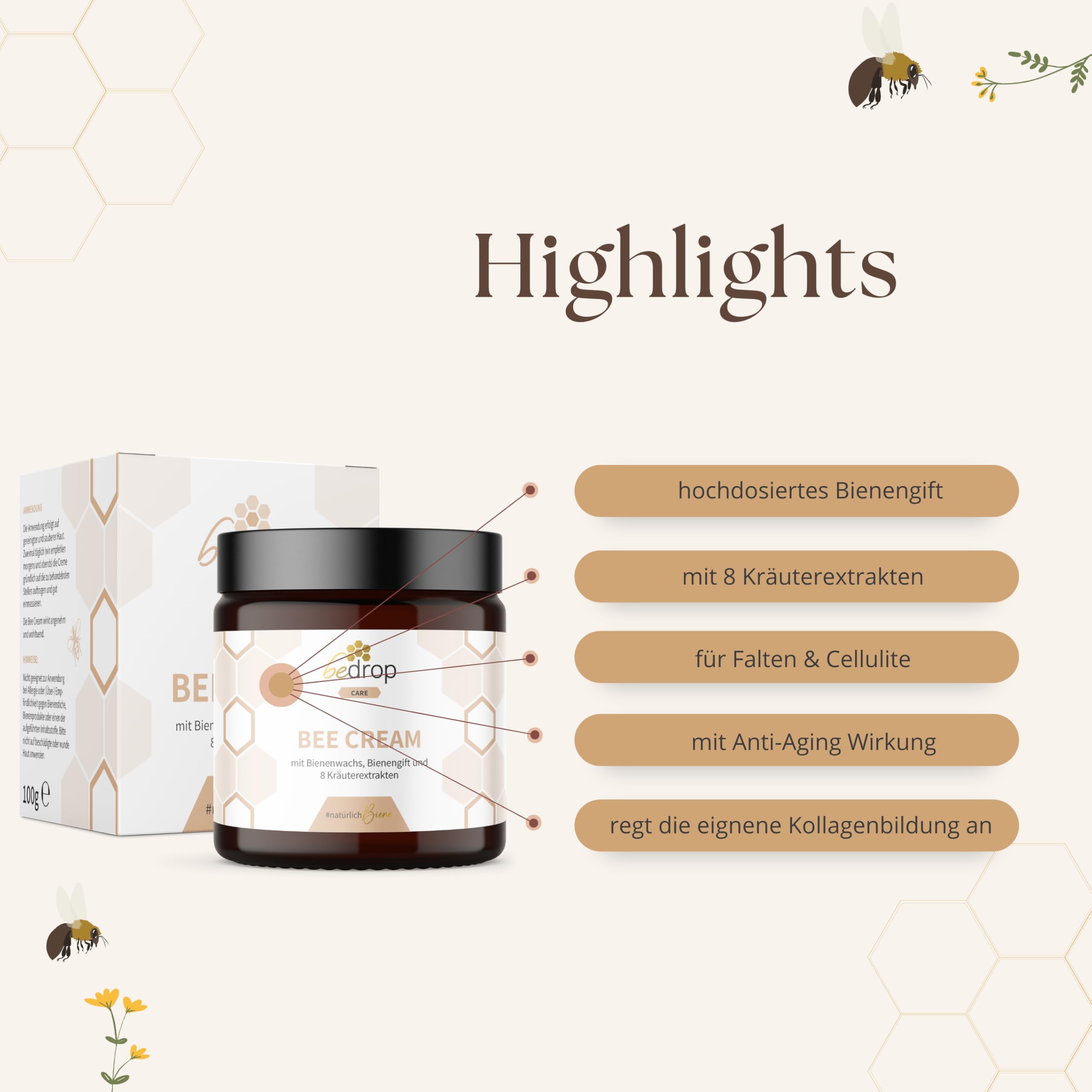 bedrop Wohlfühlset | Bee Cream (Bienengiftsalbe) 100g + Gelée Royale Kapseln 60 Kapseln, reich an Biotin, Folsäure & mehr