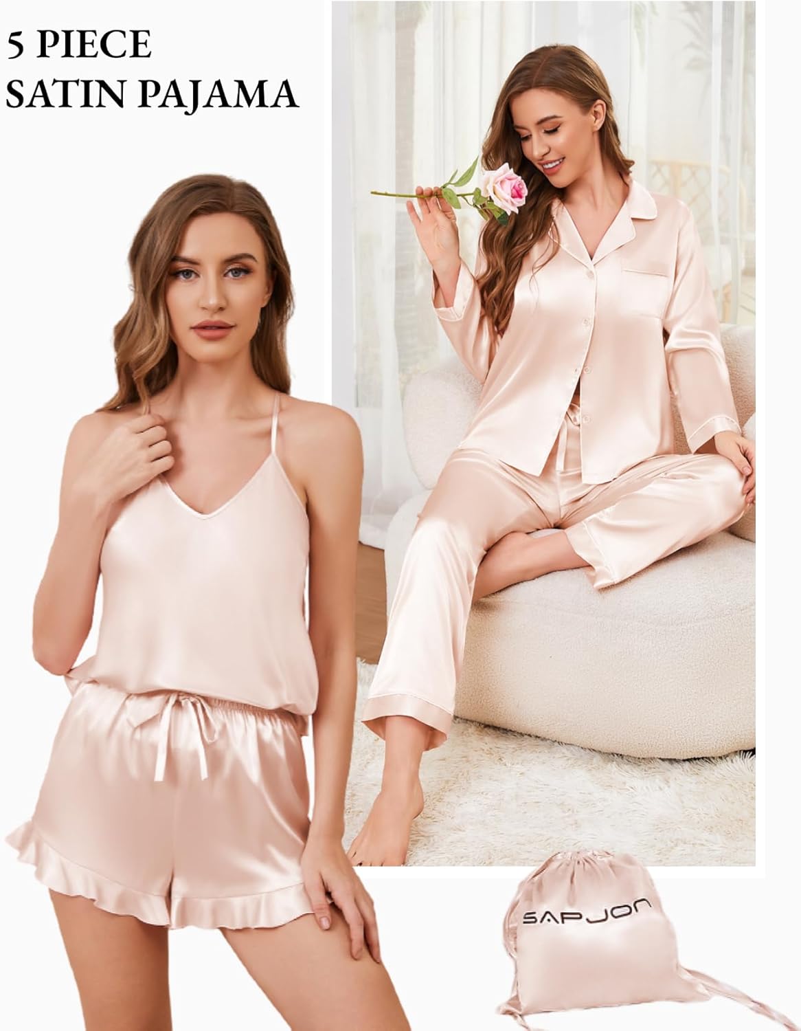 SAPJON Satin Silk Pajamas for Women Set 5PCS Classic Button Down Pajamas Top and Pants Cami and Ruffle Shorts Sleepwear - Image 4