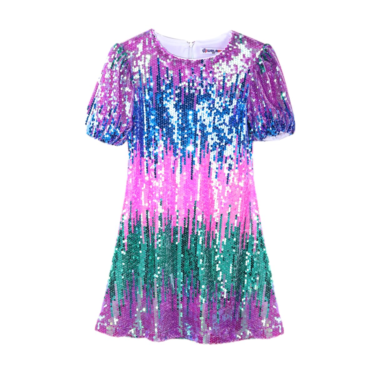 WELAKEN Girls Sparkly Sequin Dress Puff Sleeve for Kids Party Birthday