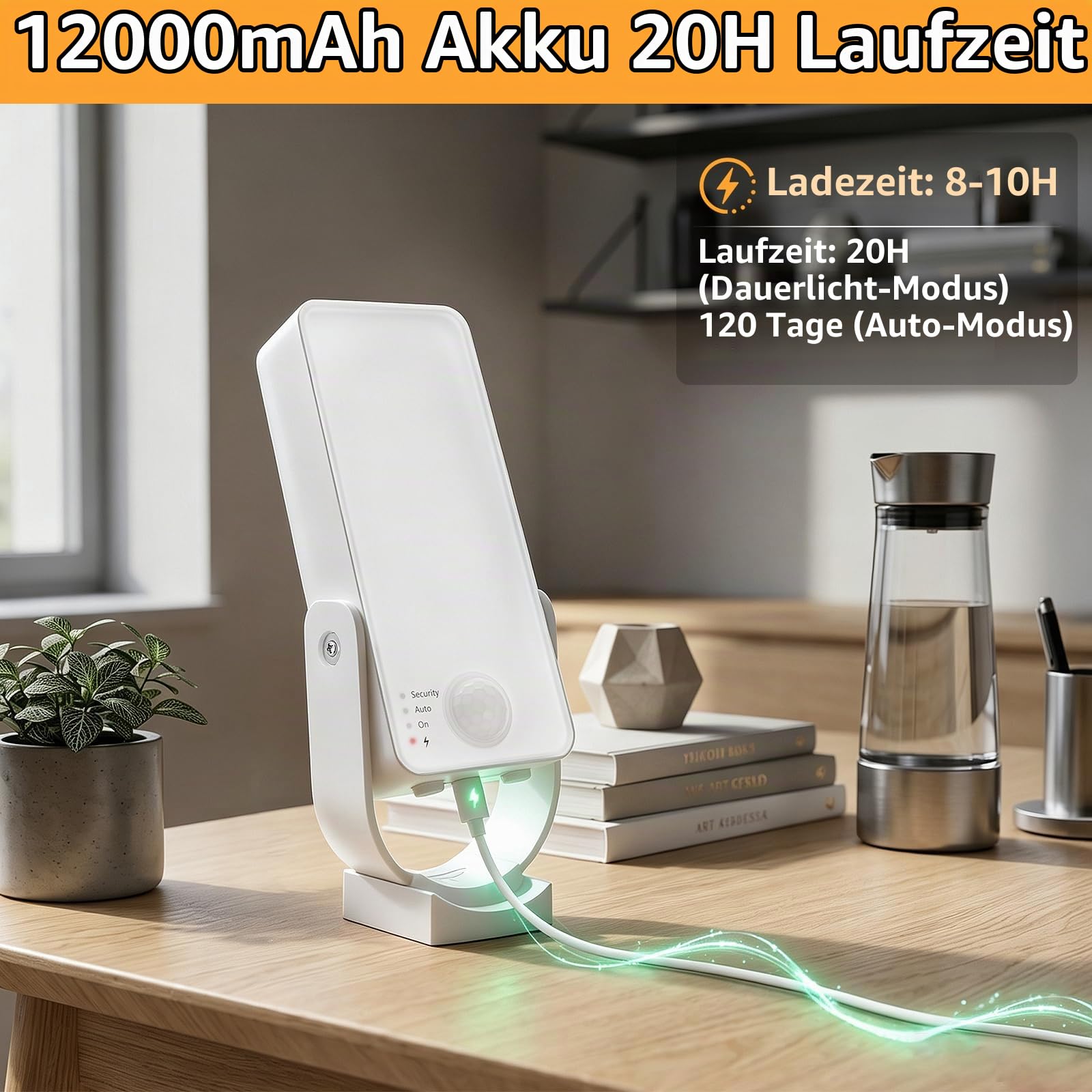 Außenlampe mit Bewegungsmelder 12000mAh Akku IP65 für Haustür, Weiß