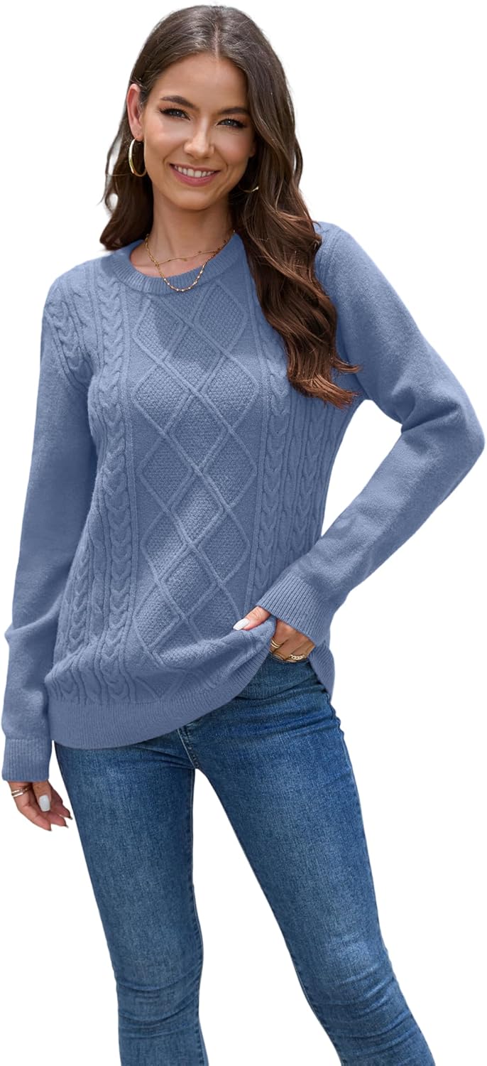 VIISHOW Women's Long Sleeve Cable Knit Pullover Sweater Cream Sweater Crew Neck Casual Fall Winter Chunky Knit Pullover Tops - Image 2