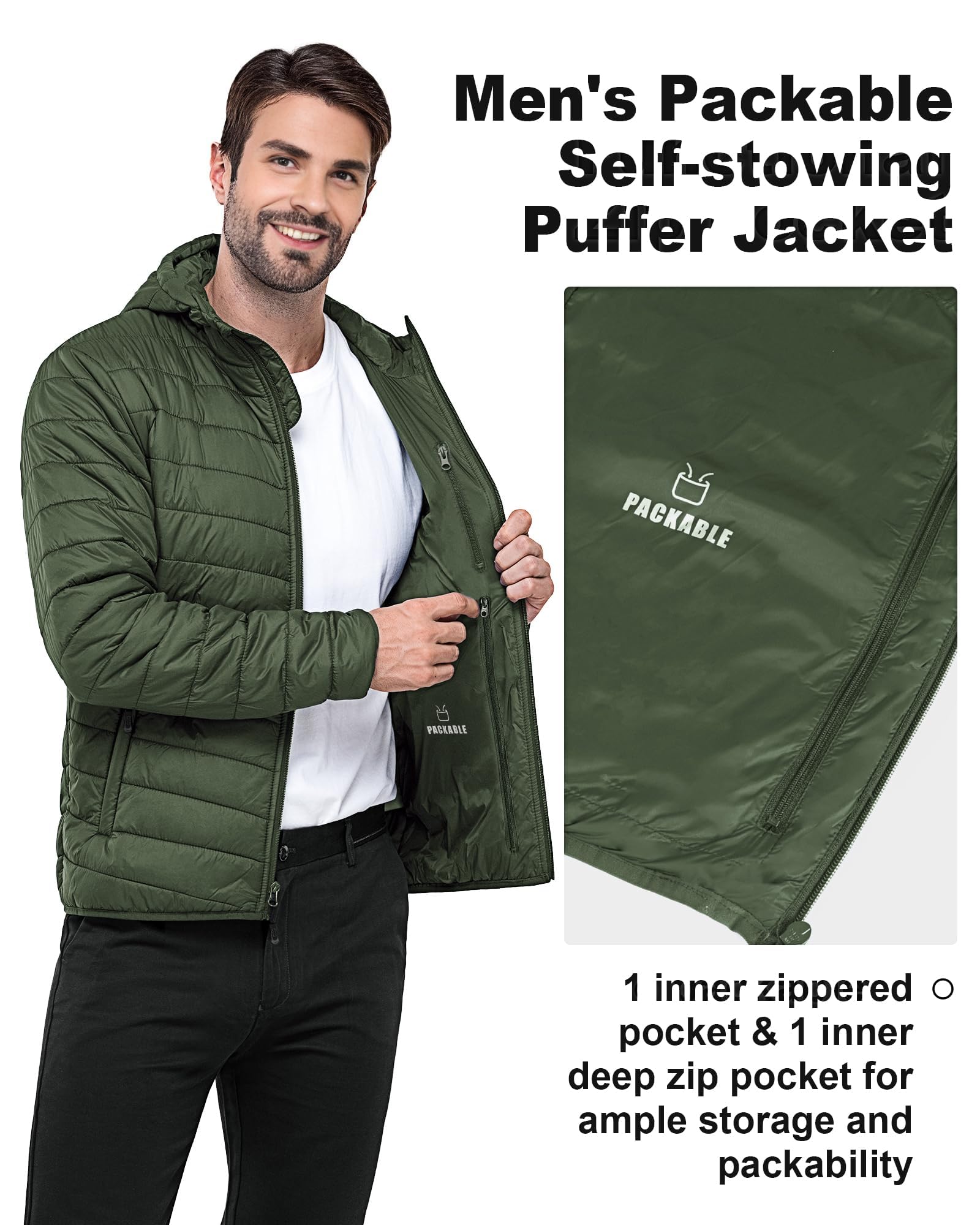 Outdoor Ventures Chaqueta acolchada para hombre, ligera, impermeable, con capucha, abrigo hinchable, chaqueta de invierno para hombre, con bolsillos, para senderismo, camping, viajes
