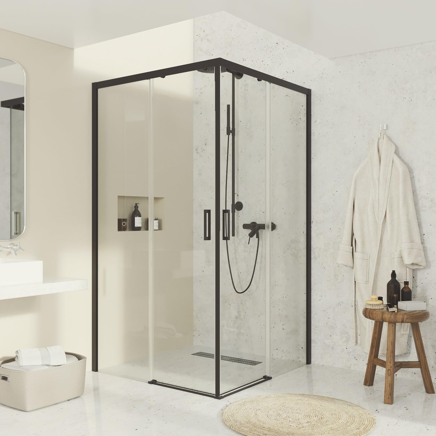 Mampara de Ducha Angular 2 Fijos + 2 Correderas - Mamparas de ducha Corredera Cristal Templado 6 mm Antical Negro Mate Puertas Reversibles – 67,5–70 x 97,5–100cm Adaptable 4cm x 195cm Alto
