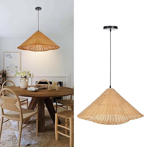 Miniatura 8 de Arturesthome 1 Luz Boho Lámpara Colgante de Ratán 23.6" Candelabro Costero Retro Tejido Lámpara de Techo Colgante para Granja Sala de Estar Comedor