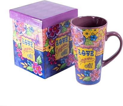 Divinity Boutique Inspirational Stoneware Mug, Love Conquers, Multicolor