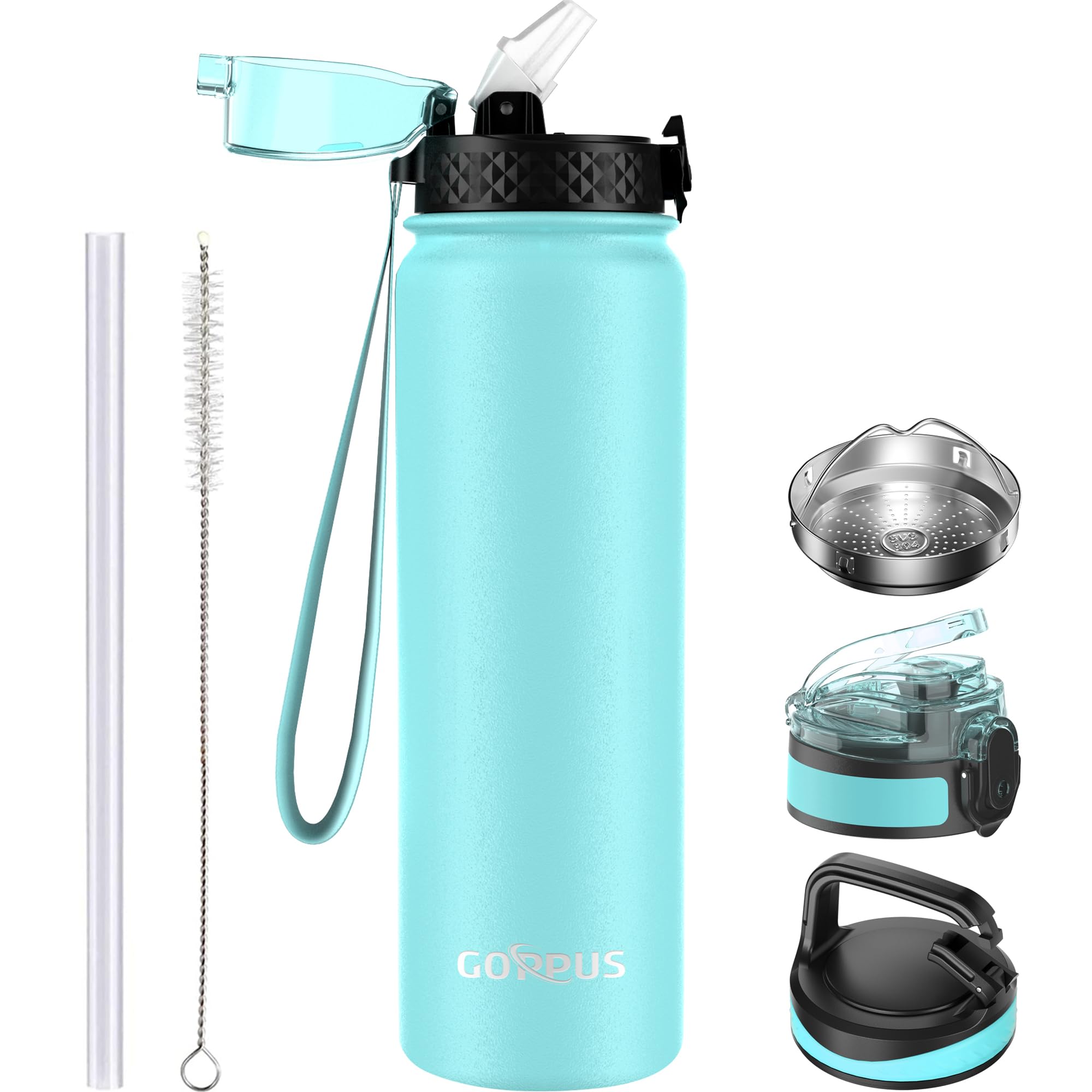 GOPPUS 1L/32oz Stainless Water Bottle with Straw Double Wall Insulated Bottles with Strap Reusable Vacuum Thermal Flask Leakproof Keep Cold Drinks Bottles with Flip Top Lid for Gym Men Women BPA Free
