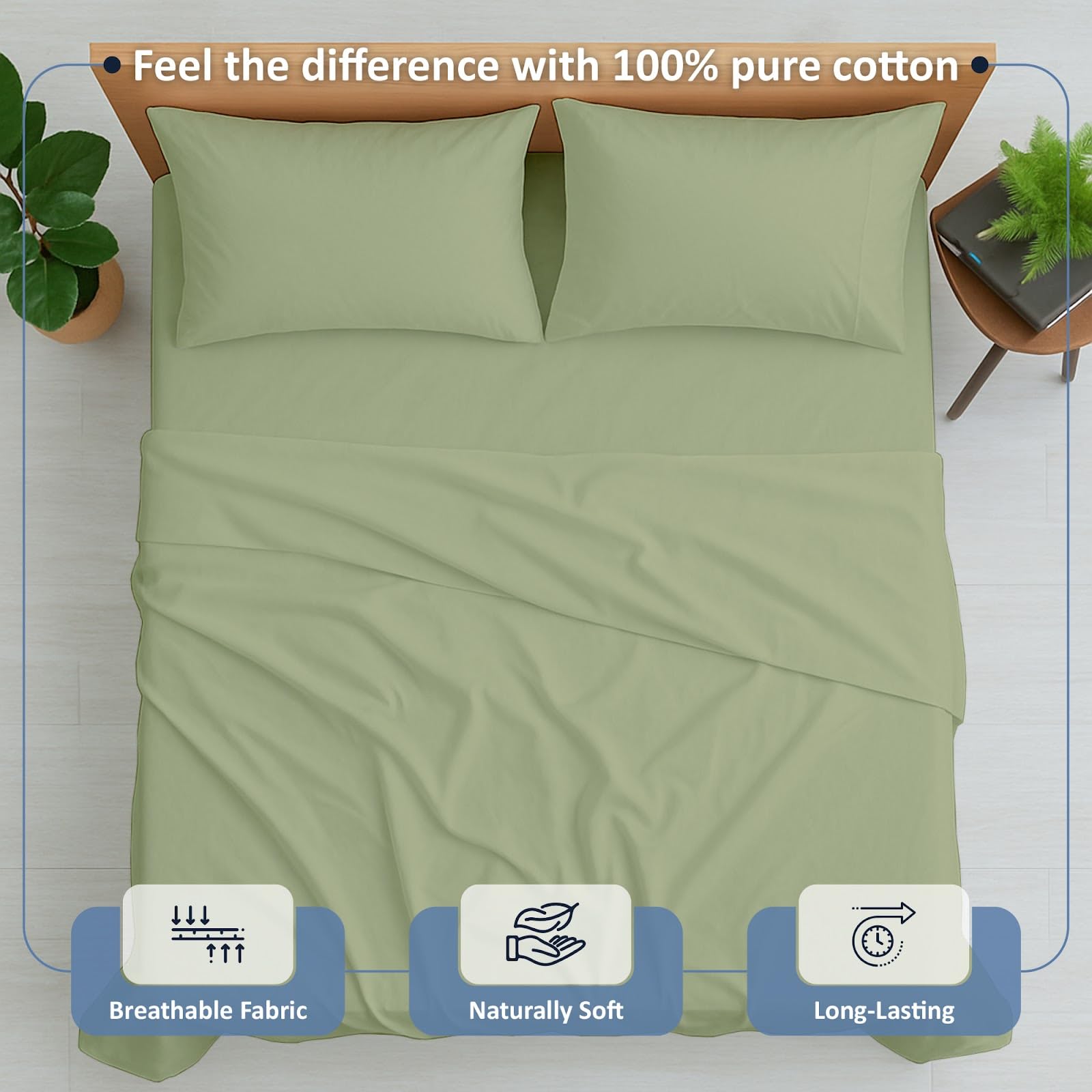 Cottington Lane Set di lenzuola in 100% cotone per letto matrimoniale XL, 4 pezzi, color salvia, lussuose lenzuola di qualità alberghiera, con tasca profonda per materassi da 20-40 cm, morbide