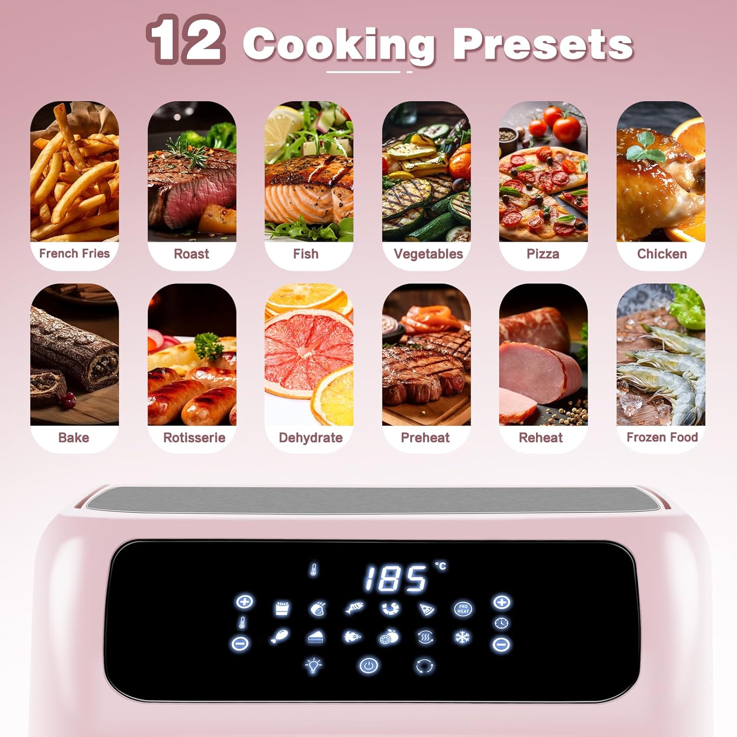 Display showing 12 cooking presets on the LLIVEKIT Air Fryer Oven, including French Fries, Roast, Fish, Vegetables, Pizza, Chicken, Bake, Rotisserie, Dehydrate, Preheat, Reheat, and Frozen Food.