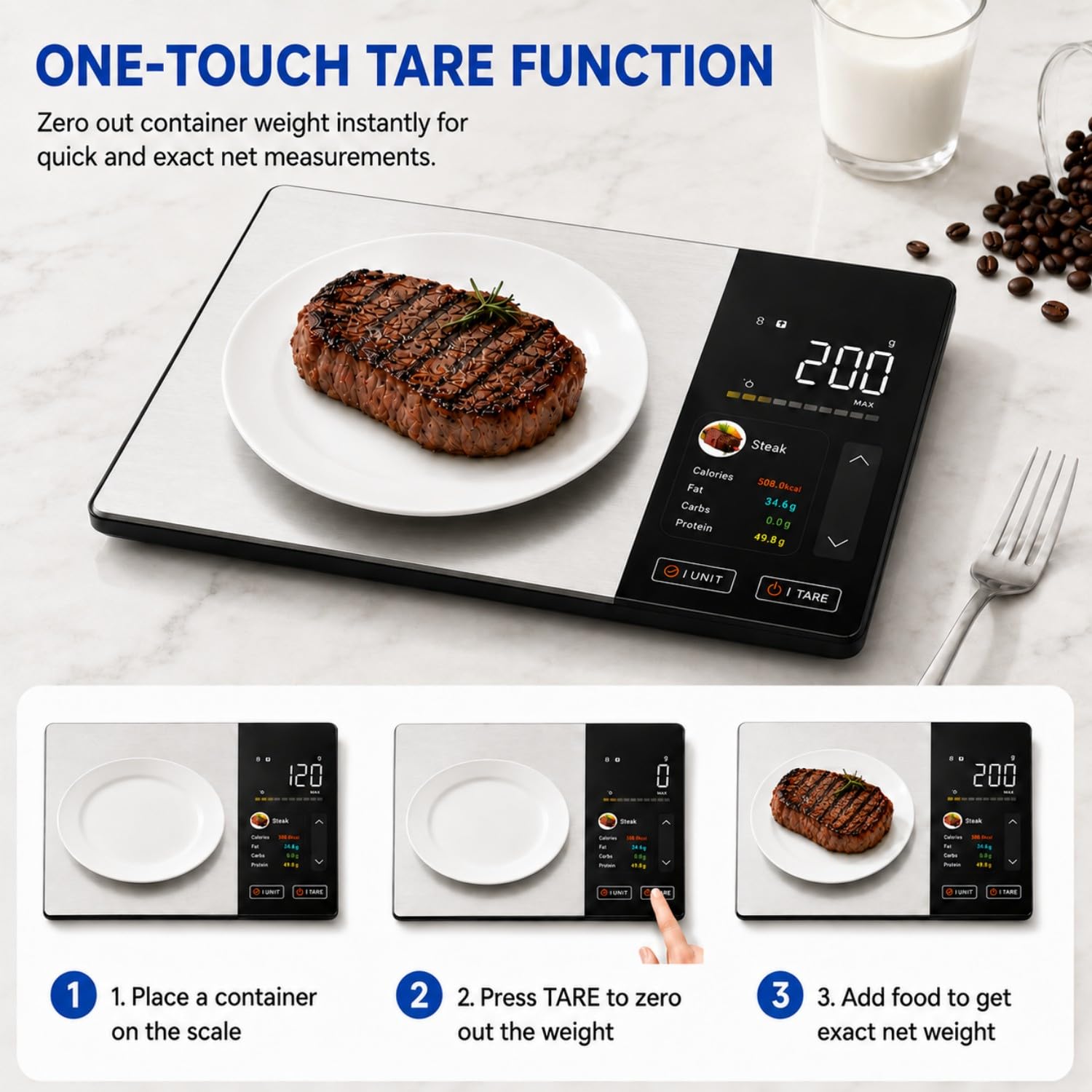 Smarte Ernährungswaage mit TFT-Display & App, Trackt Kalorien/Fett/Kohlenhydrate/Protein, 1g Präzision, 5kg/11lb, 50 Lebensmittel & 24 Nährstoffe, Digitale Küchenwaage für Meal Prep