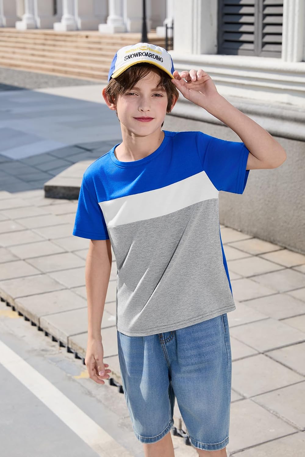 Haloumoning Boys Short Sleeve Shirts Kids Fashion Tops Crewneck Color Block Tees 5-14Y