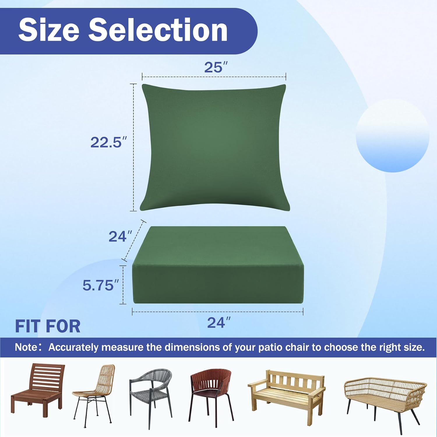 IASEAHK Outdoor Seat Cushion Set, Waterproof & Fade Resistant Patio Chair Cushions, Outdoors Cushion for Patio Furniture, 24 x 24 x 5.75 Inch, Outdoor Couch Cushions with Handle and Ties,ForestGreen Forest Green 24*24+5.75/25*22.5"