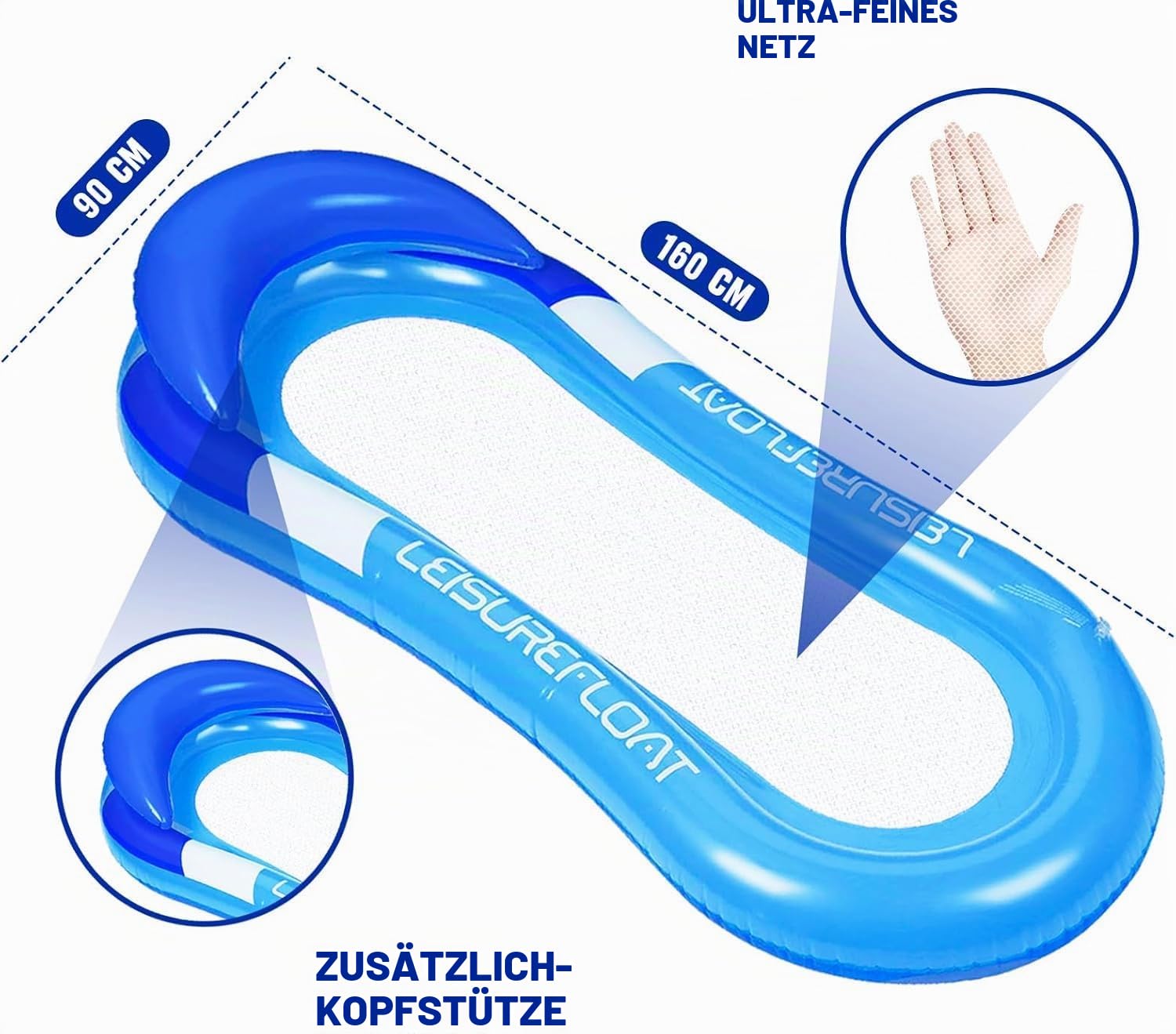 2 Stück Aufblasbare Wasserhängematte mit Netz,luftmatratze pool160x90cm Lounge Liege – Schwimmliege Erwachsene mit Kopfstütze für Pool, Strand & See, Stabile Pool Hängematte