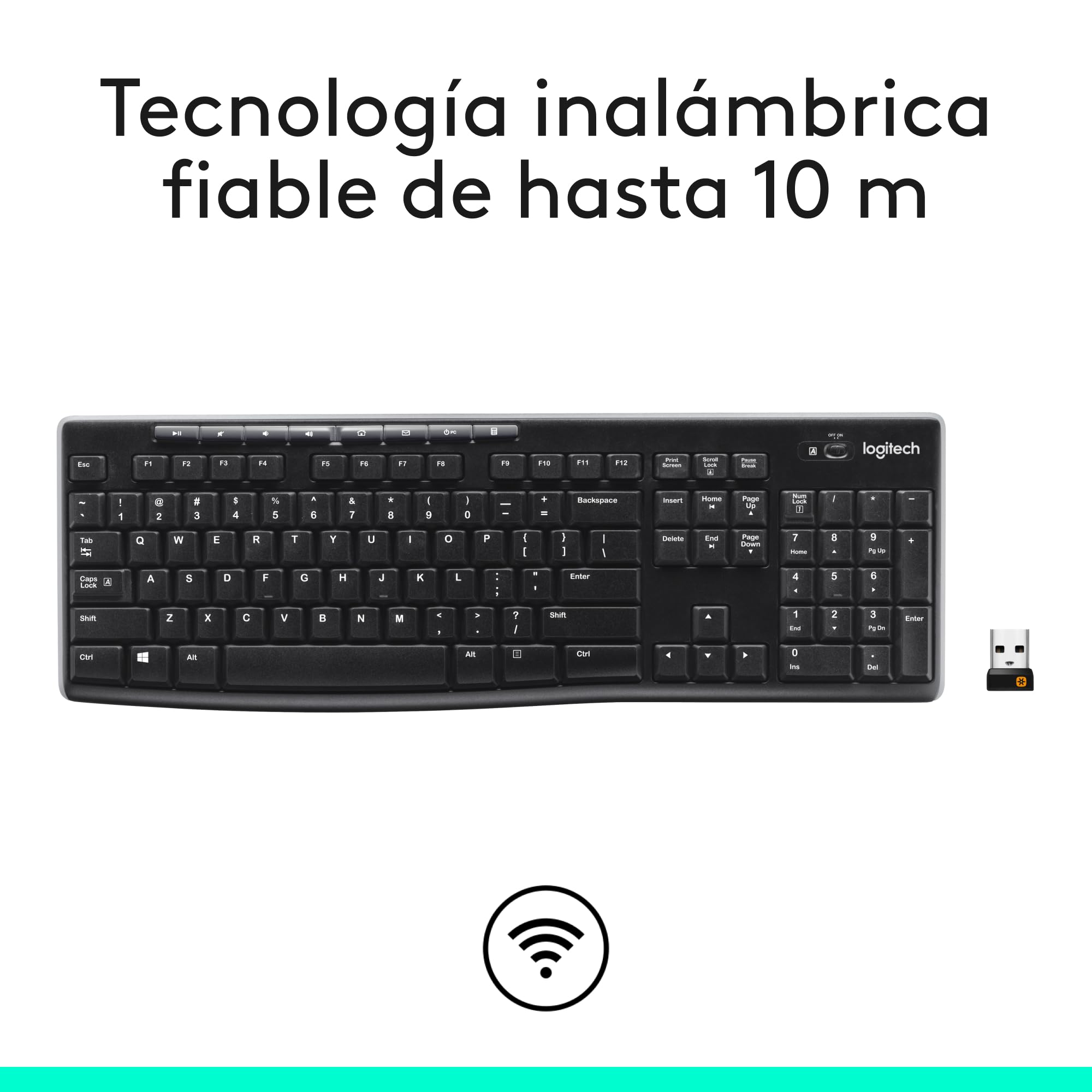 Logitech K270 Teclado Inalámbrico a 2 | Teclado 2,4 GHz para Windows, tamaño completo, 8 teclas multimedia, batería 2 años, QWERTY Español - Negro