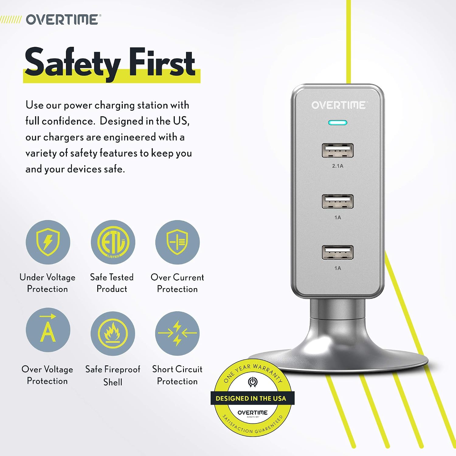Multiple USB Charger, Overtime 3.1A 3-Port Desktop Charger Charging Station Multi Port Fast Wall Charger Hub Compatible with iPhone, iPad, Samsung, LG, Nexus, HTC and More – Silver
