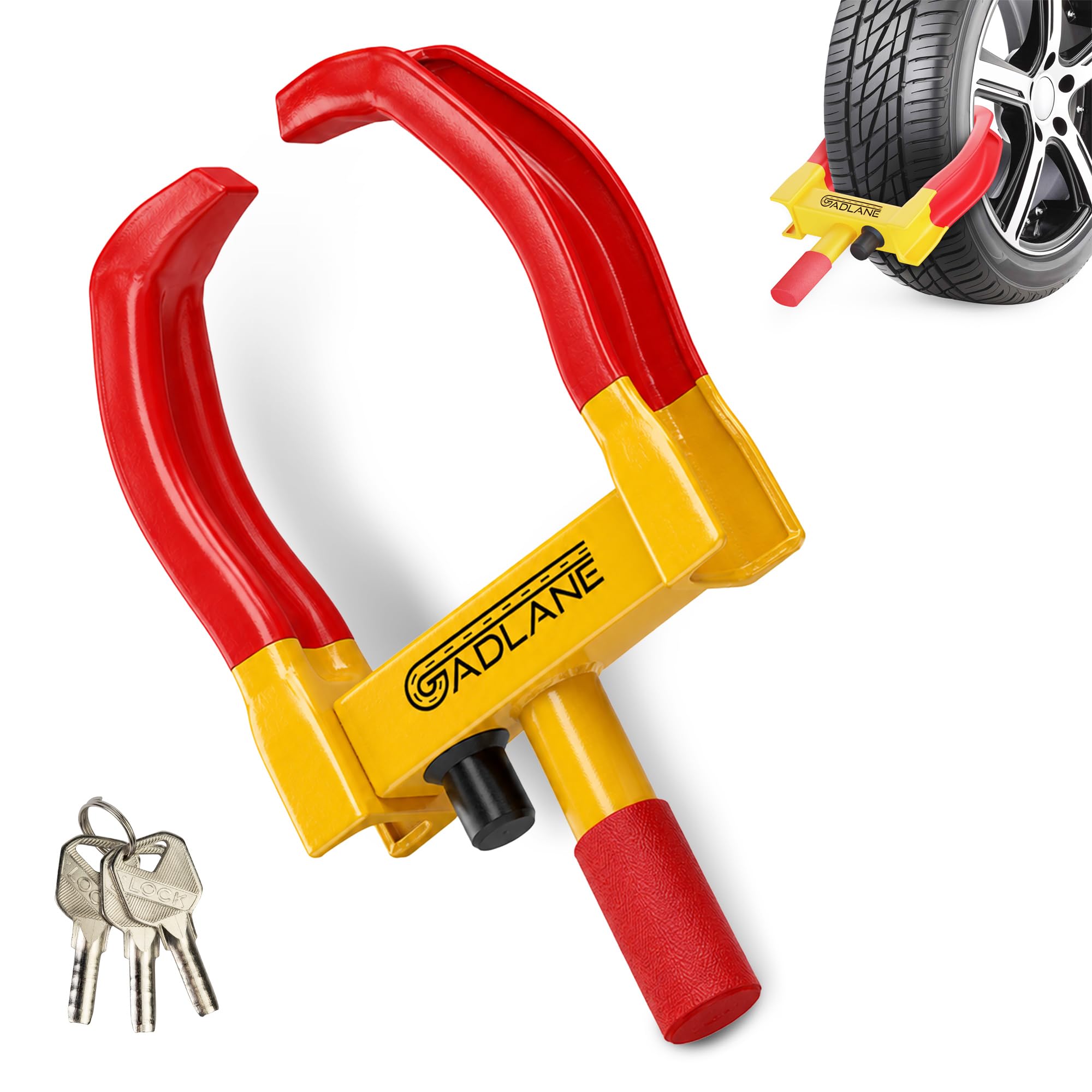 GADLANE Wheel Clamp - Heavy Duty Car Wheel Lock with 3 Keys (Yellow/Red) | Car Lock Anti-Theft Device Fits All 7-11" Width Tyres, High Visibility Caravan Clamp for Trailer, Motorhome, Van