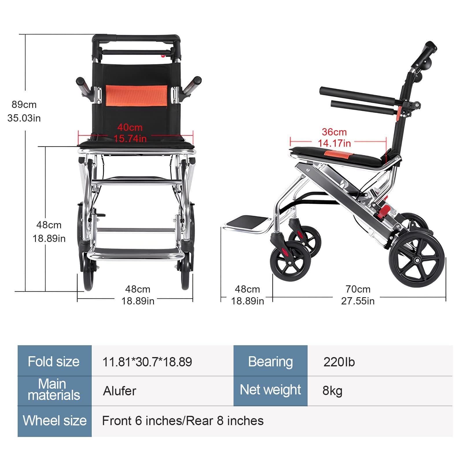 Silla de ruedas plegable y ligera, portátil para viajes y uso doméstico, soporta hasta 150 kg