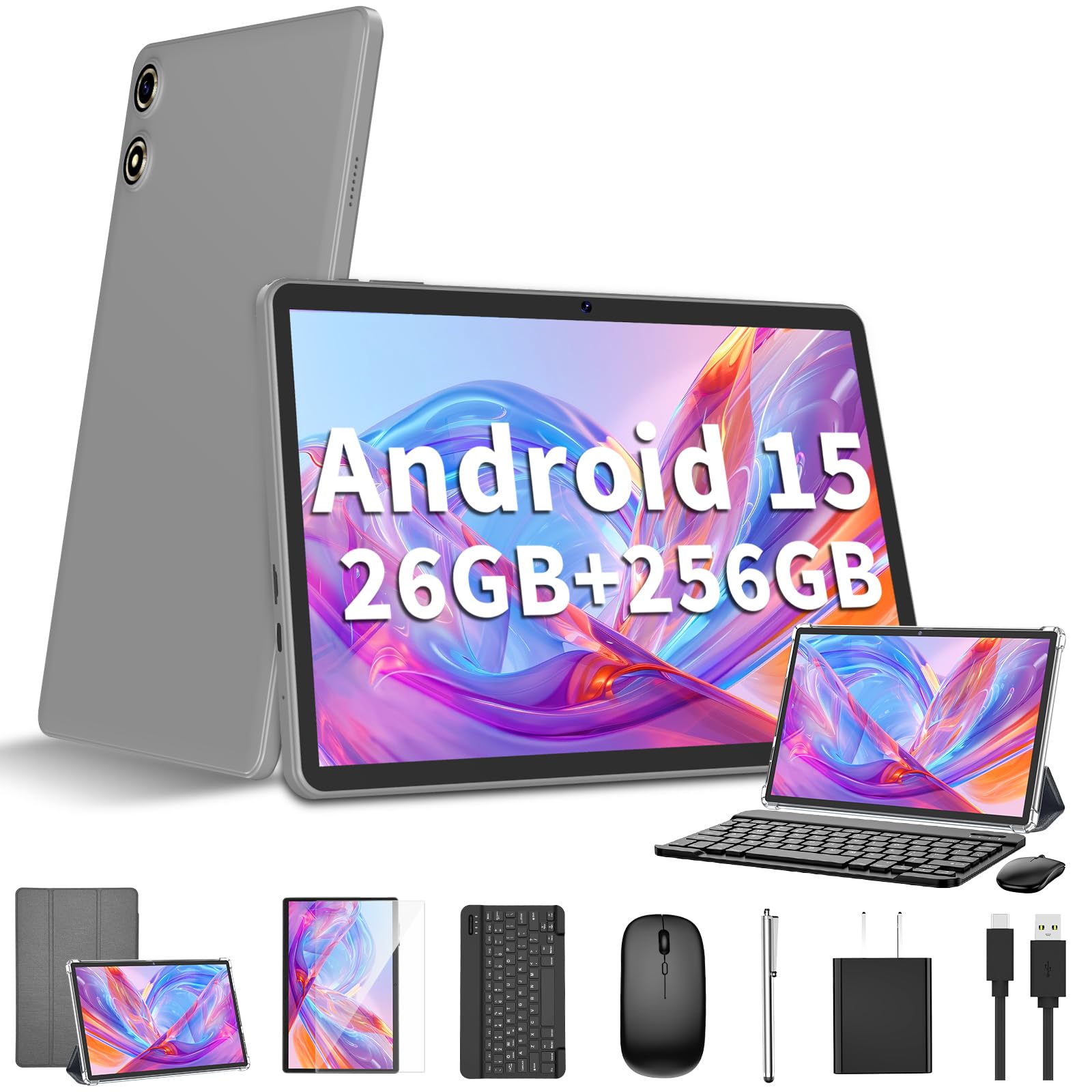 Android 15 Tablet 10 Inch, 26GB RAM+256GB ROM/2TB Expandable Tablet, 2 in 1 Tablets with Keyboard Case Mouse Stylus, 2.0GHz Octa-core CPU, IPS HD Screen, 5G WiFi BT 5.0, 8000mAh Battery (Silver)