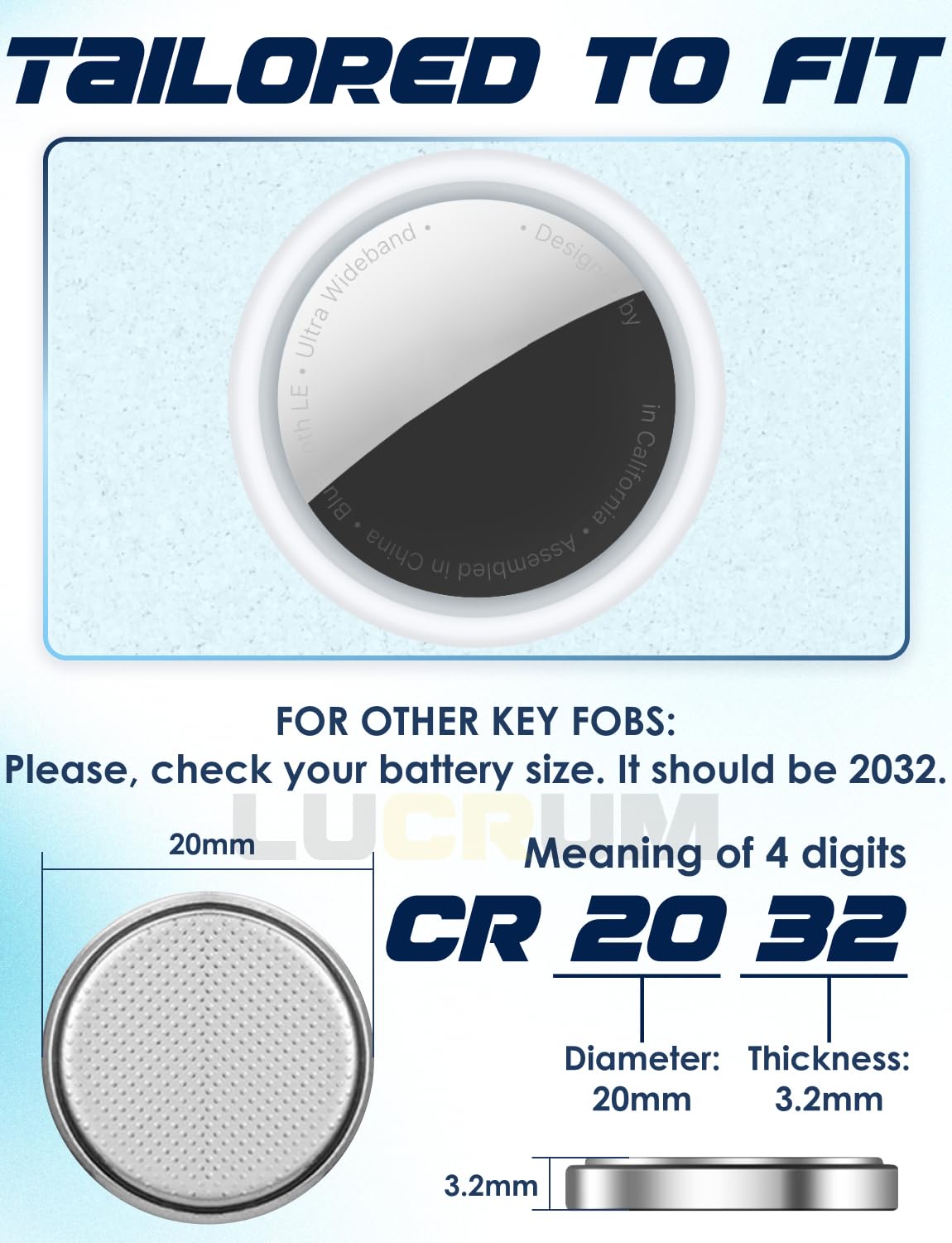 Lucrum CR2032 Compatible with Apple Airtag Battery Replacement, 2PCs CR 2032 240mAh Batteries for Air Tag