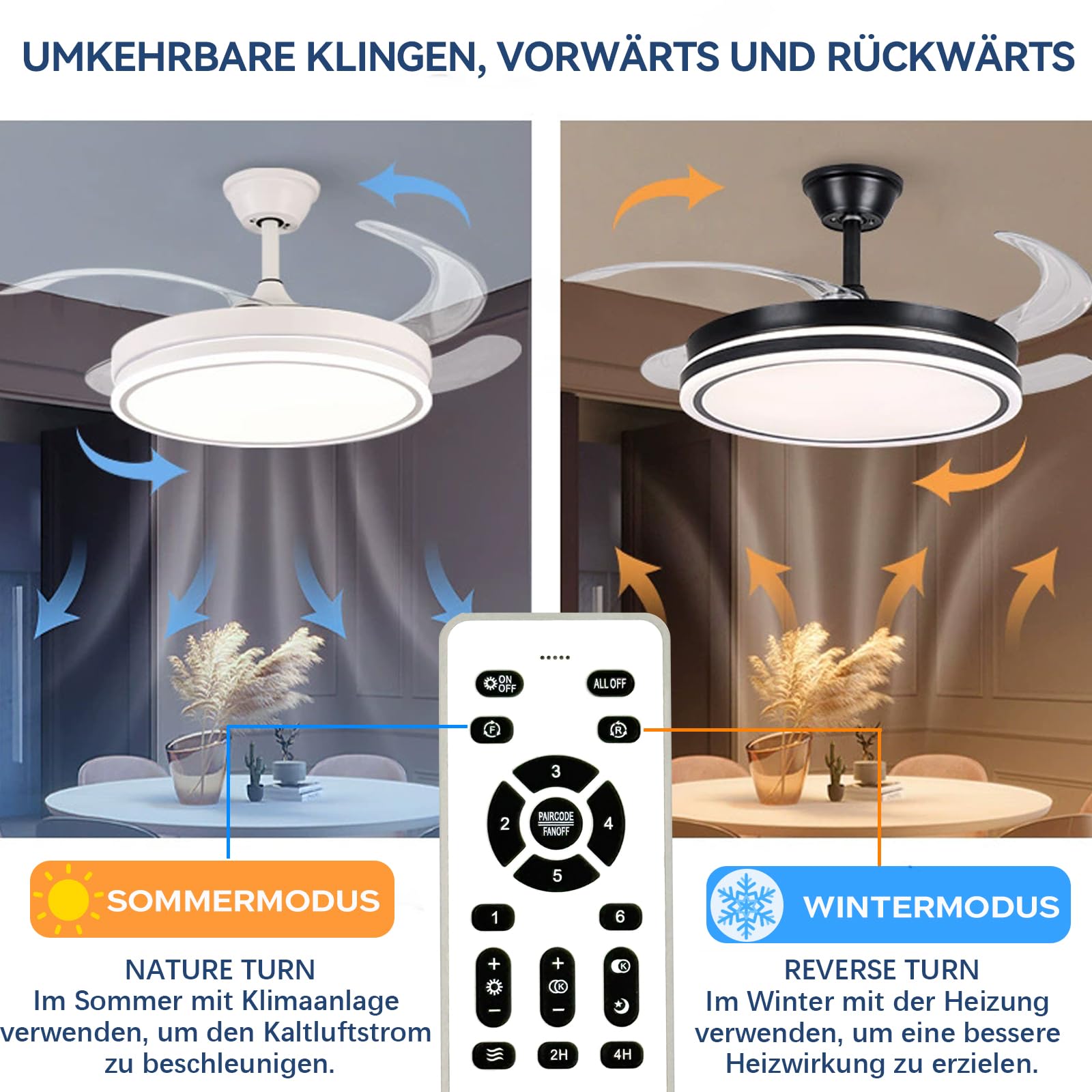 Warmfay Deckenventilator mit Beleuchtung, 108CM Ventilatorlicht Einziehbaren Flügeln, Leiser LED Deckenventilator, 3 Farbtemperaturen, Dimmbar, Reversible DC Motor, Timer, 6 Geschwindigkeiten, Weiß