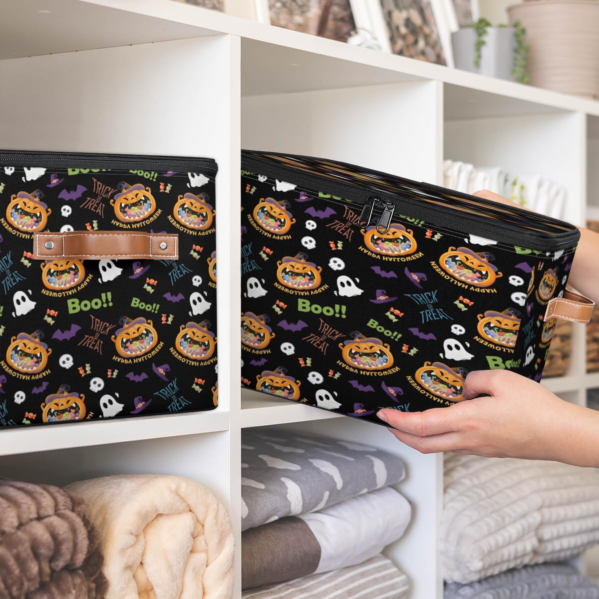 Storage Bin Set of 2 Halloween Pumpkin Candy Storage Basket with Zipper Lid & Handle Foldable Closet Shelf 2 Pack Cloth Organizer Basket Cube Bins Clothes Organizer for Bedroom, Nursery