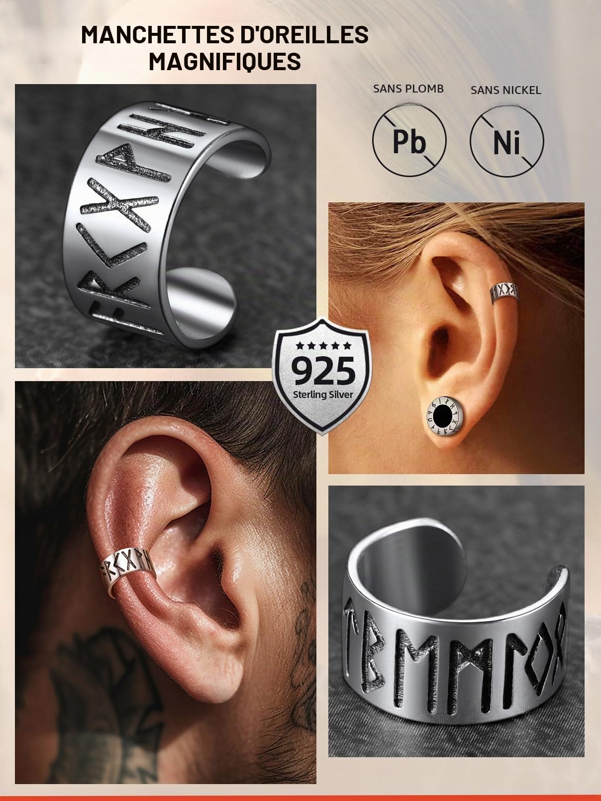 FaithHeart Boucle d'oreille Viking Argent Homme Femme,Clip d'oreille Nordique Runes Manchette doreille Homme,Bijoux Gothique Punk (Boîte Cadeau)