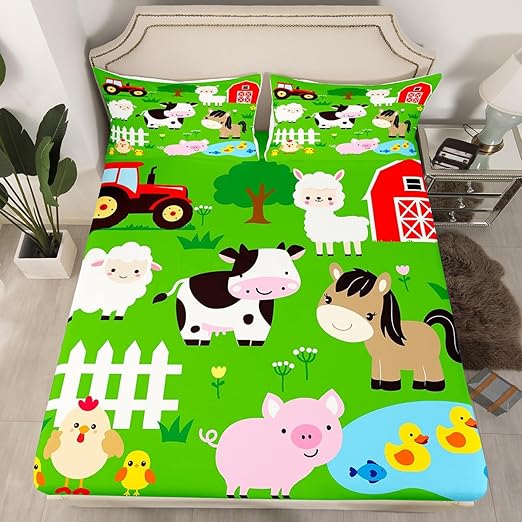 Cartoon Animal Embroidery Bedding Set For Adults Kids Cute Flat Fitted Sheet With Pillowcases Washed Cotton Colorful Full Size